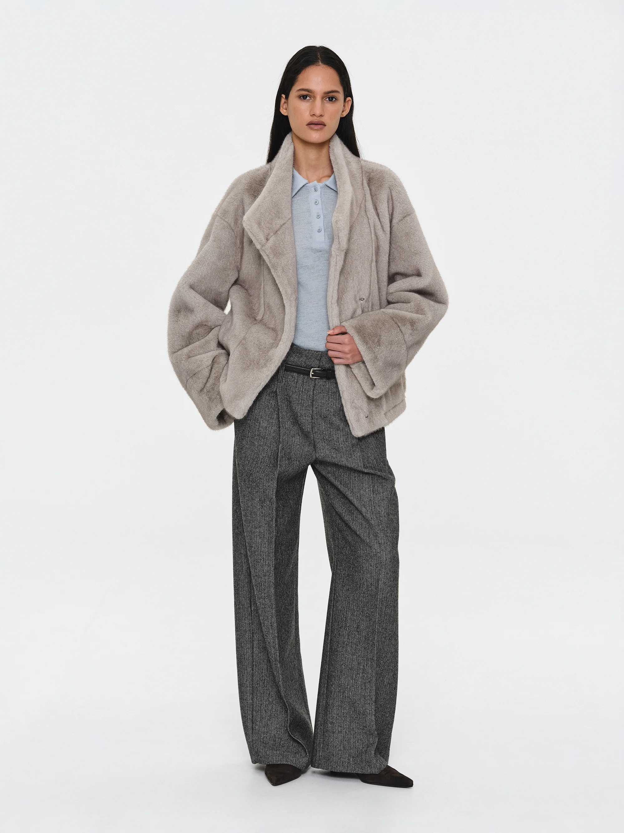 Shawl-Collar Faux-Fur Jacket, Grey - Image 5