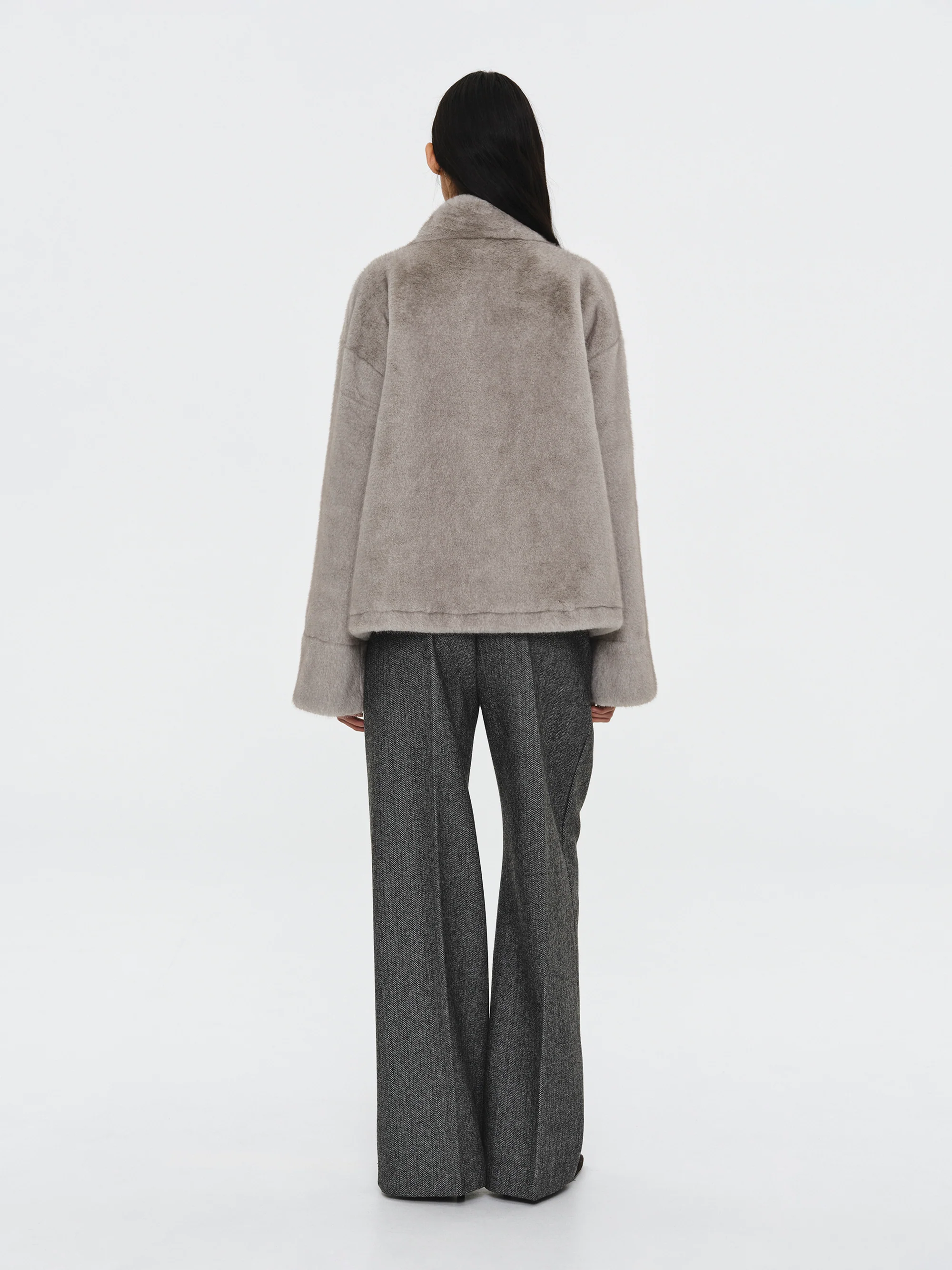 Shawl-Collar Faux-Fur Jacket, Grey - Image 6