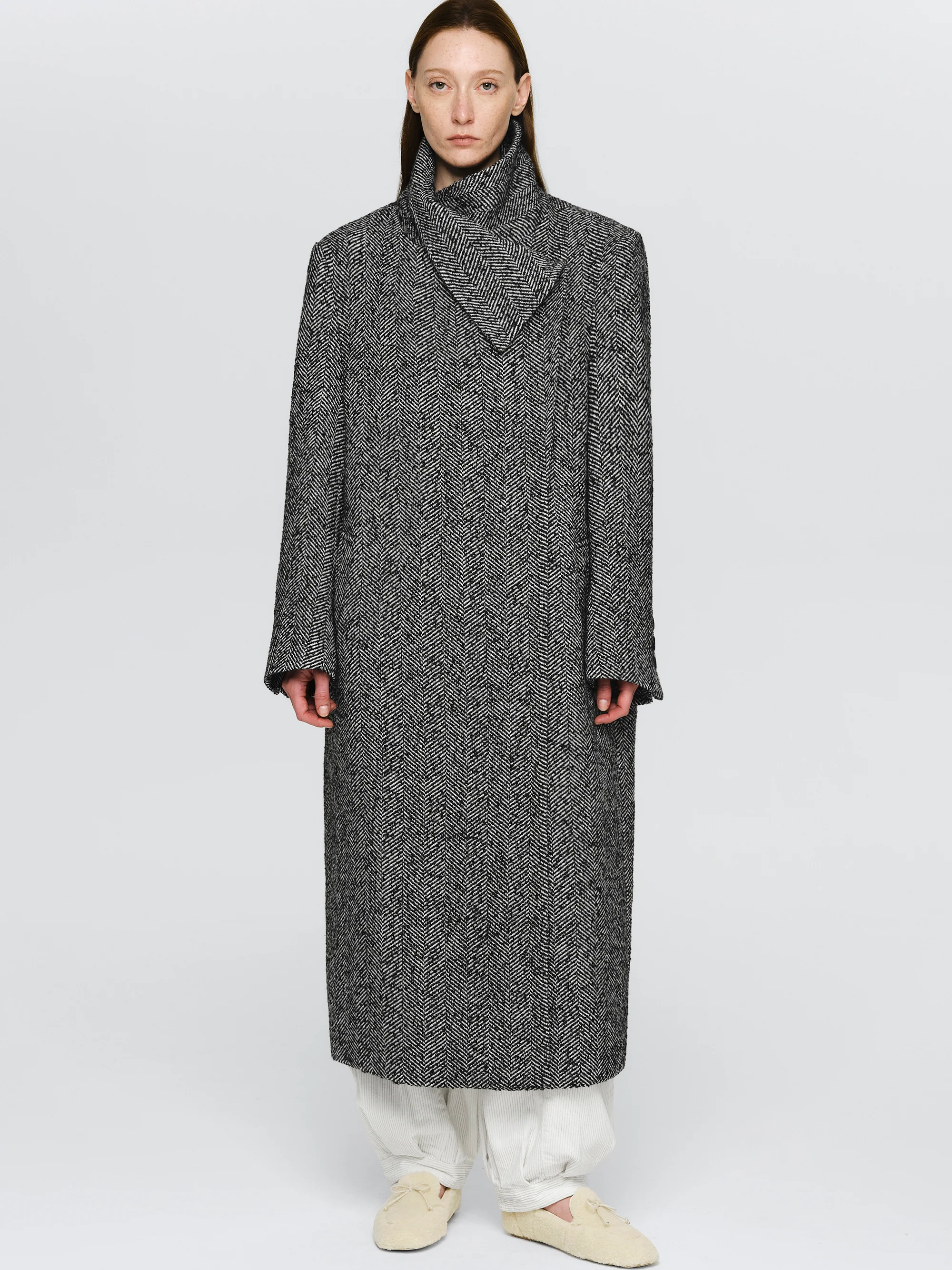 Shawl-Collar Herringbone Coat, Black