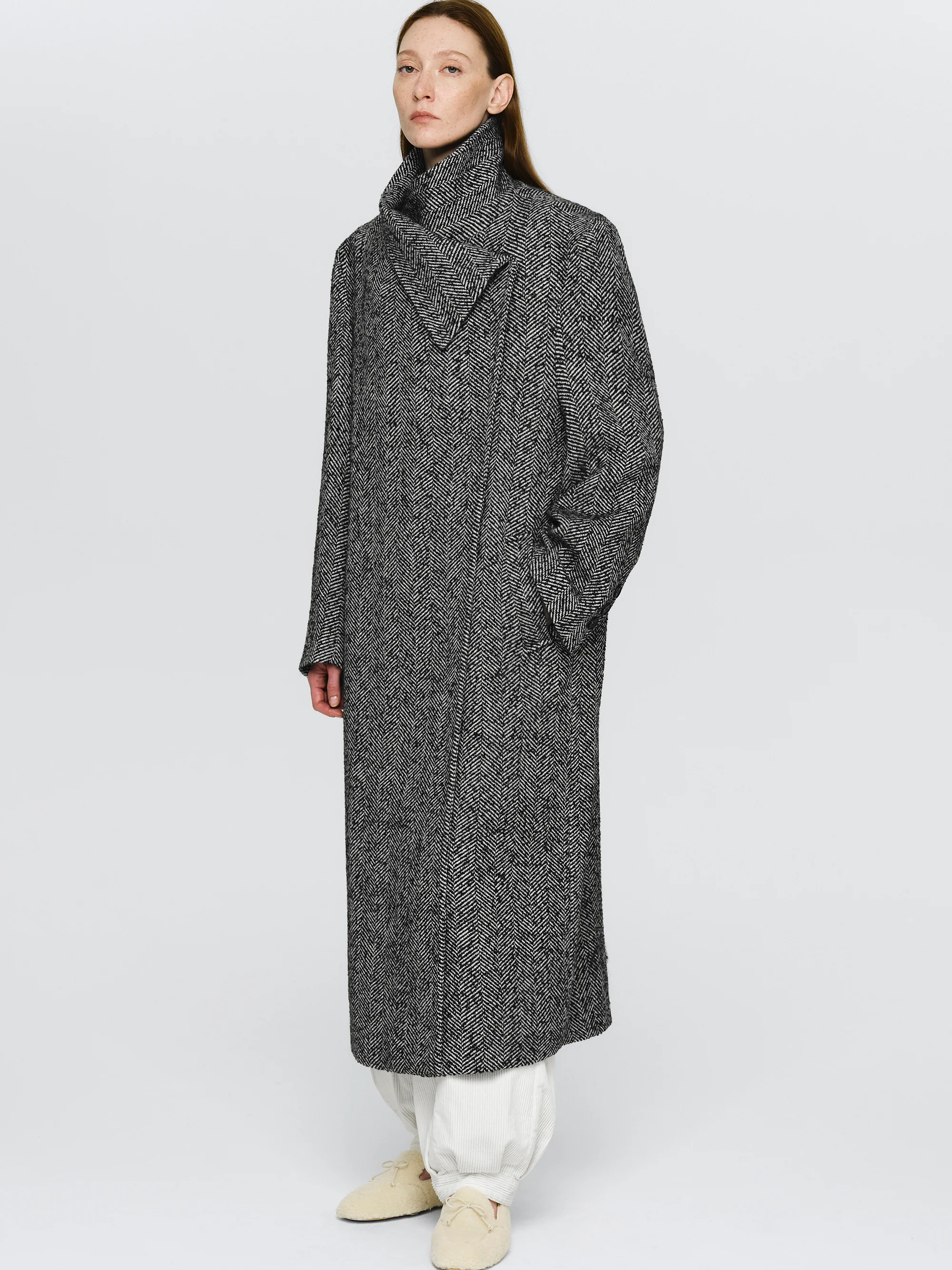 Shawl-Collar Herringbone Coat, Black - Image 2