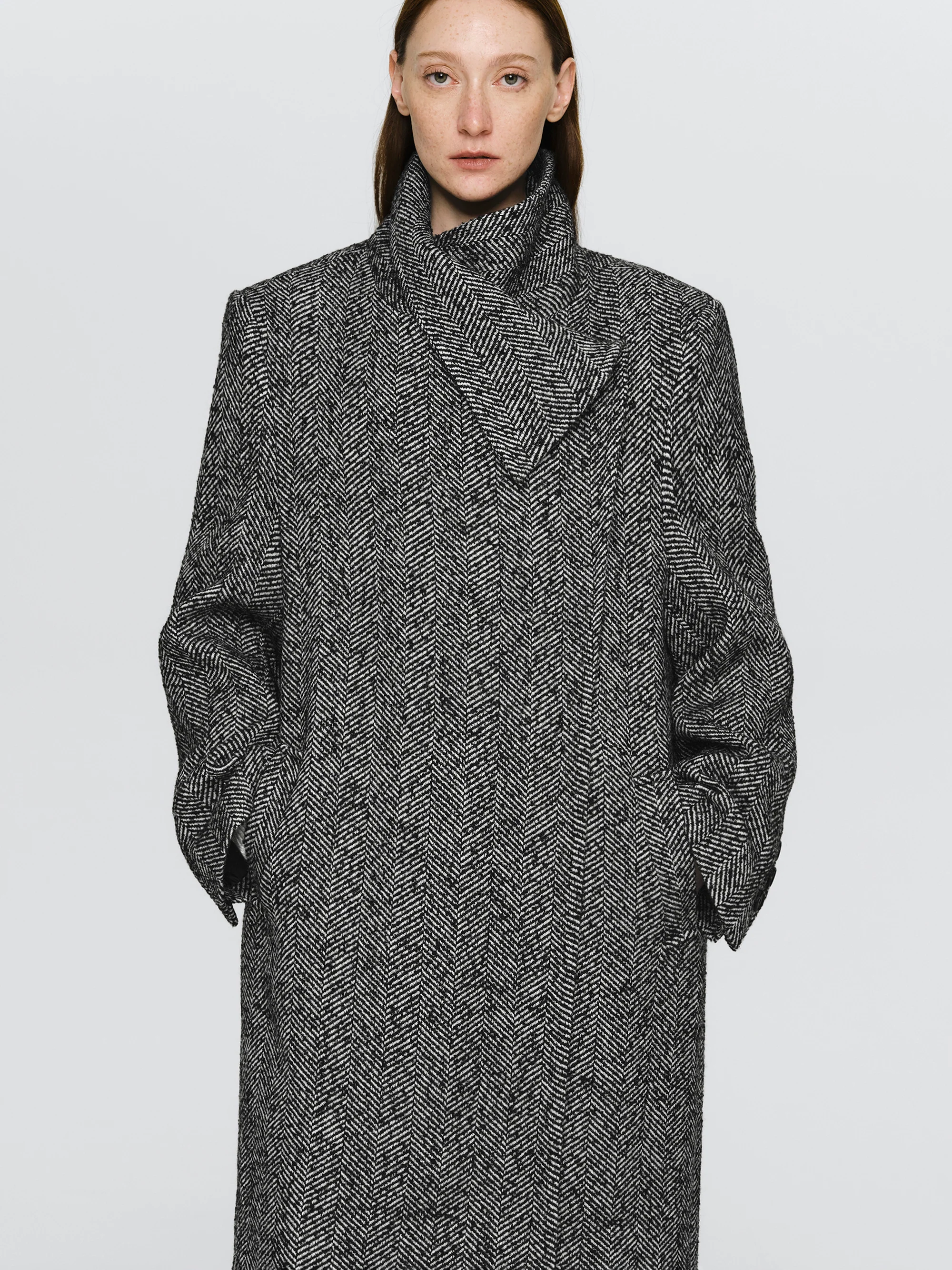 Shawl-Collar Herringbone Coat, Black - Image 3