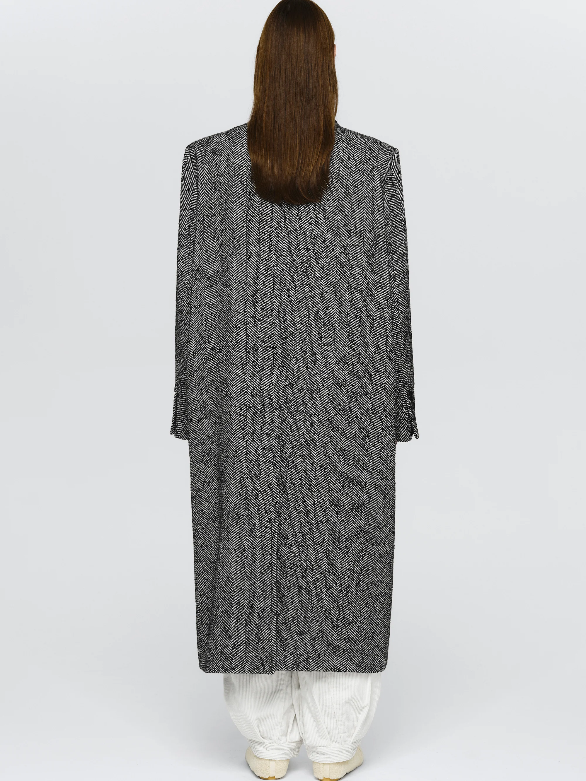 Shawl-Collar Herringbone Coat, Black - Image 4