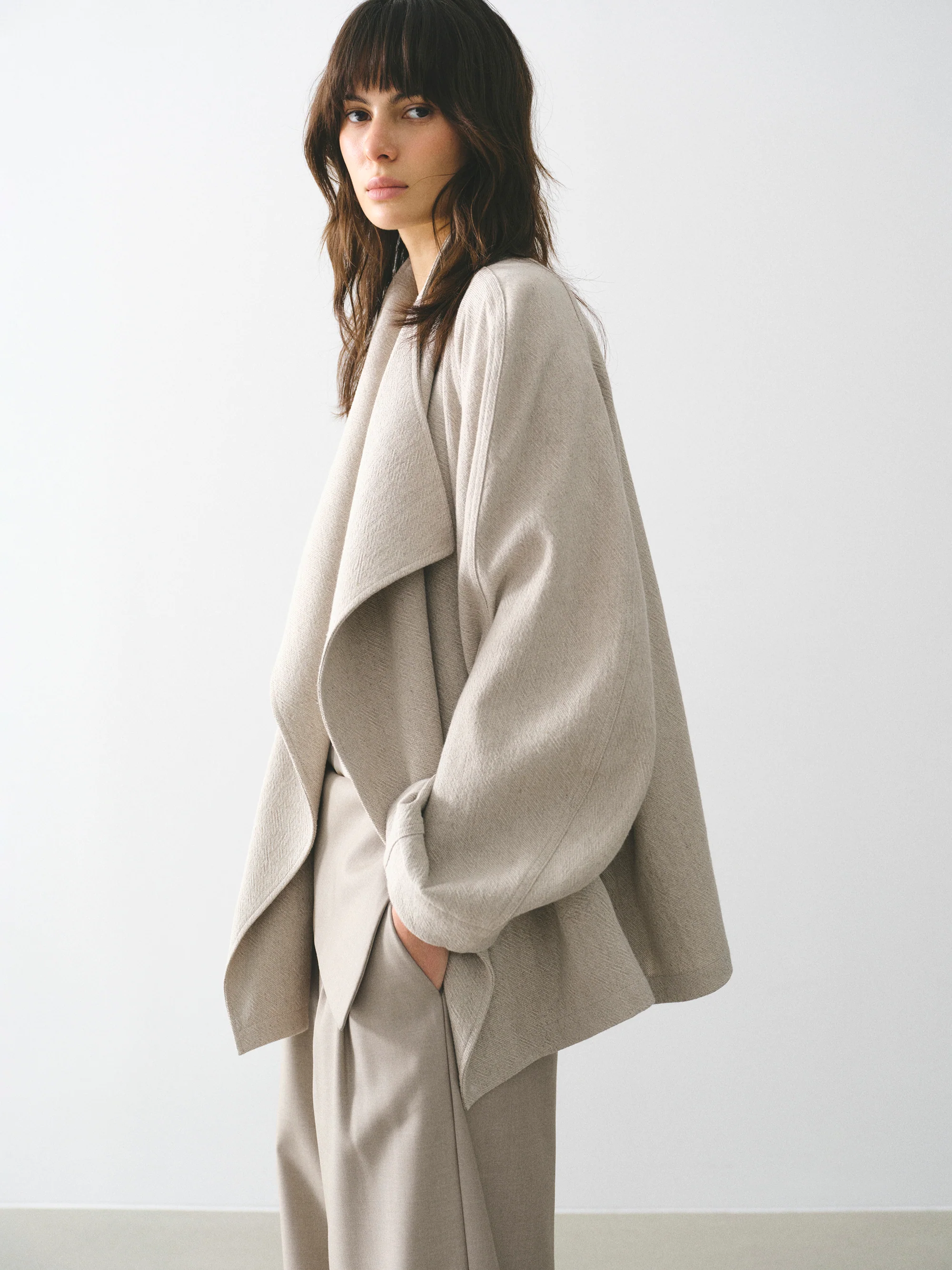 Shawl-Collar Linen-Blend Jacket, Beige