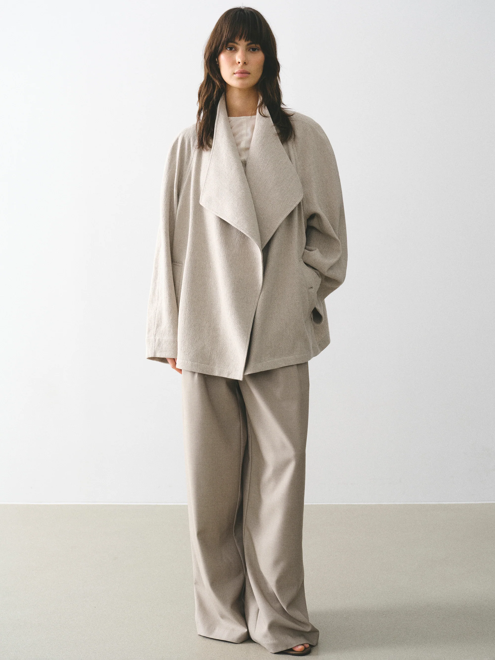 Shawl-Collar Linen-Blend Jacket, Beige - Image 2