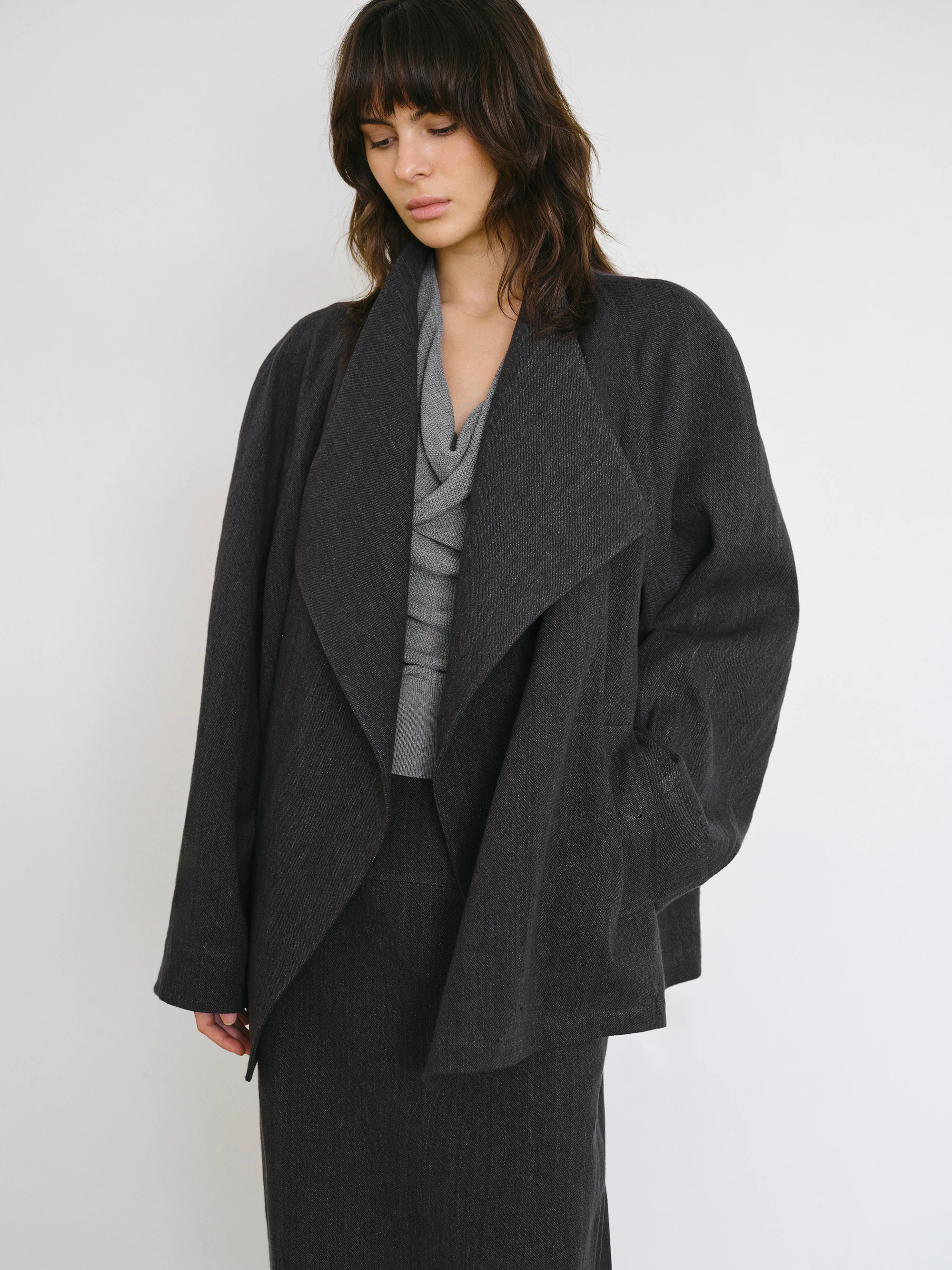 Shawl-Collar Linen-Blend Jacket, Charcoal - Image 2