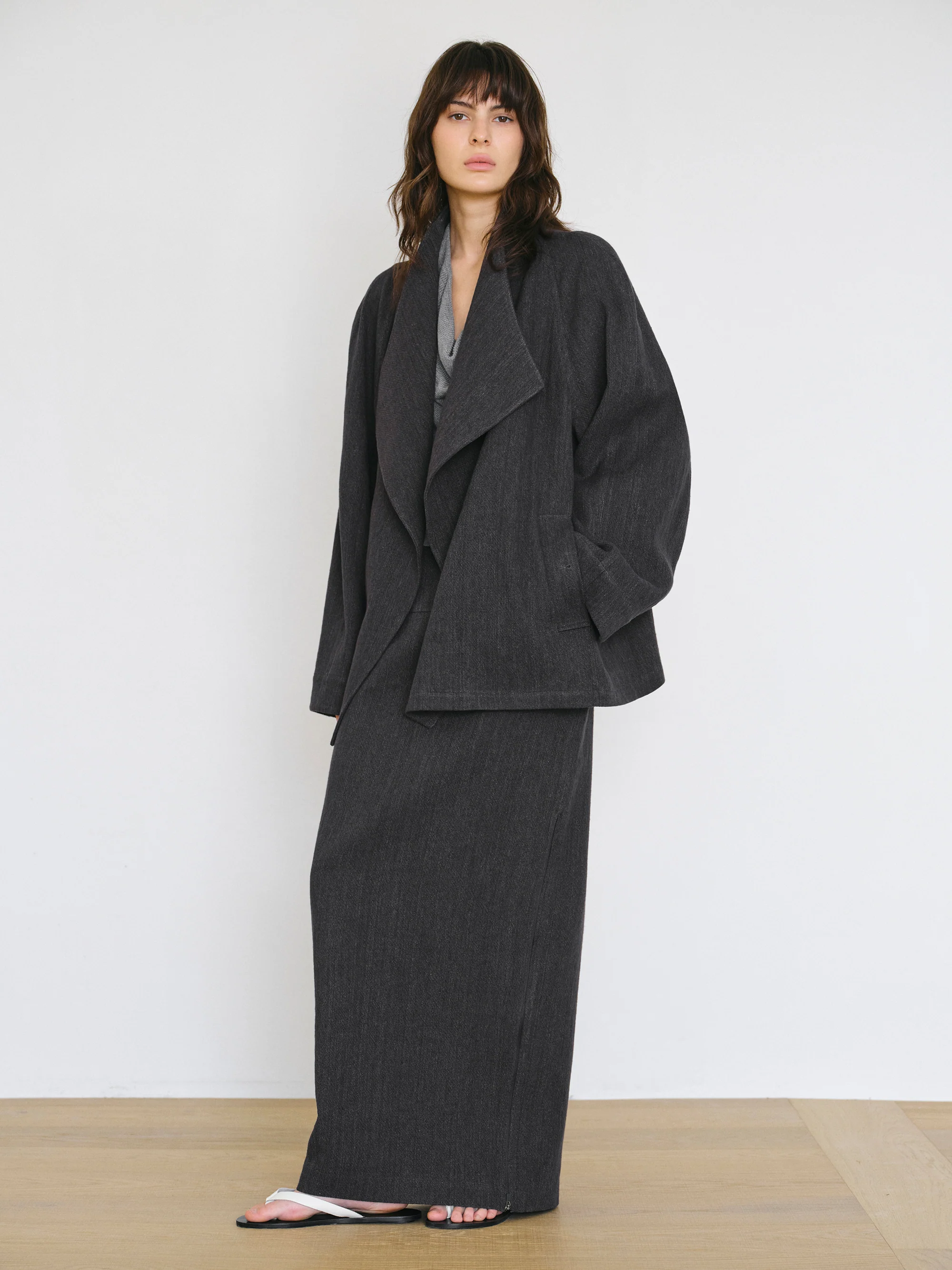 Shawl-Collar Linen-Blend Jacket, Charcoal - Image 3