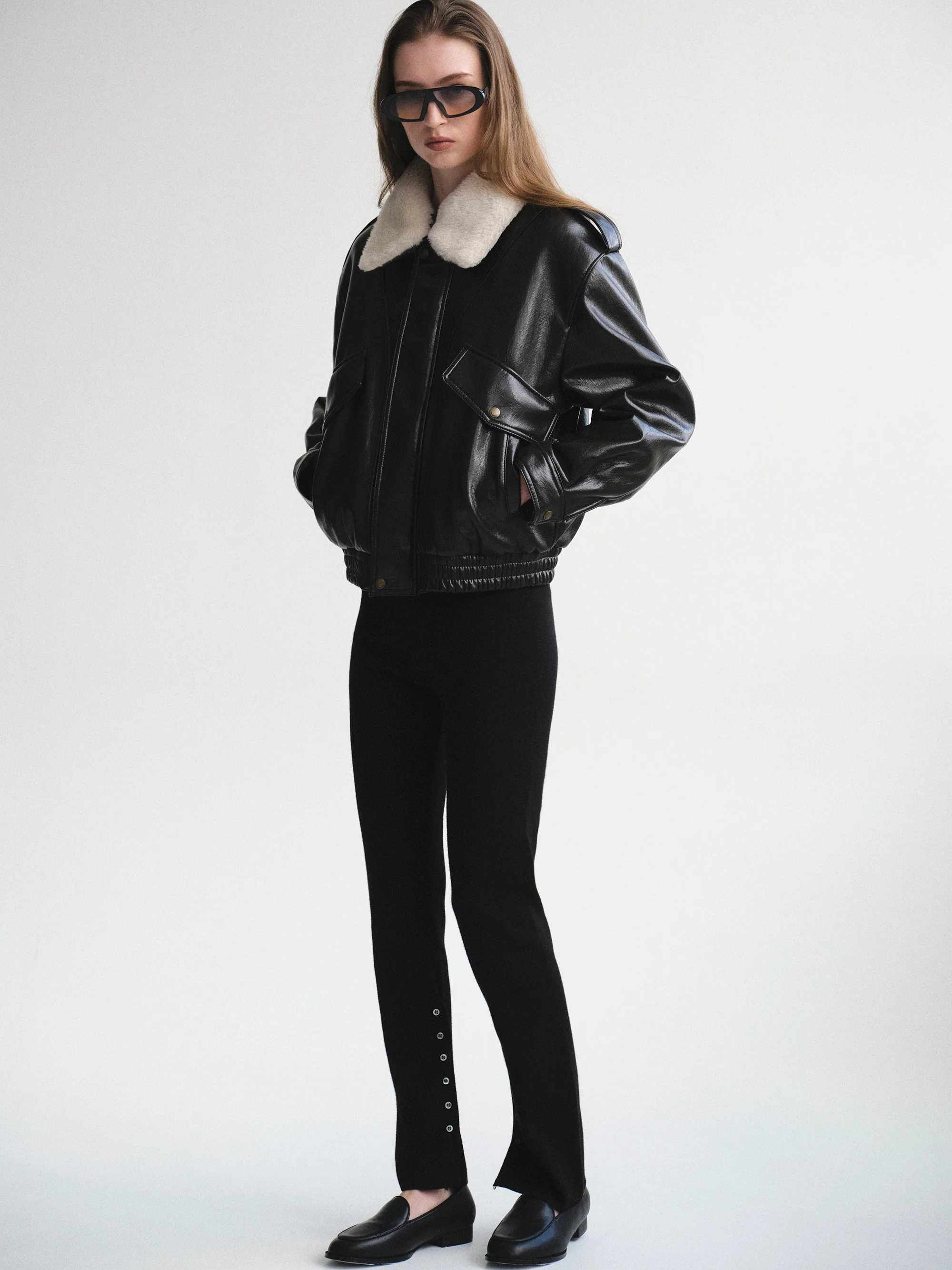 Shearling Collar Blouson Leather Jacket, Black - Image 2