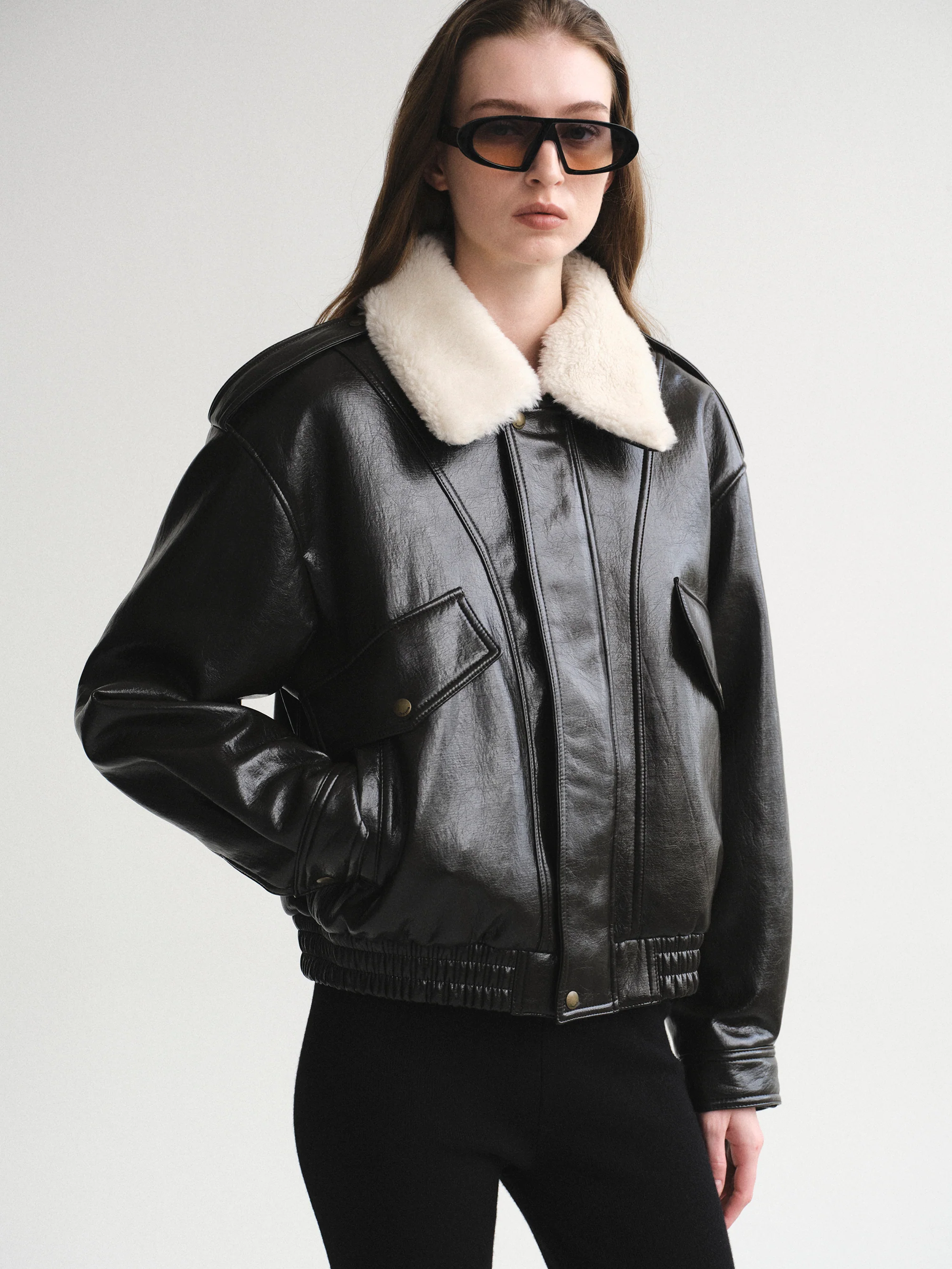 Shearling Collar Blouson Leather Jacket, Black - Image 3