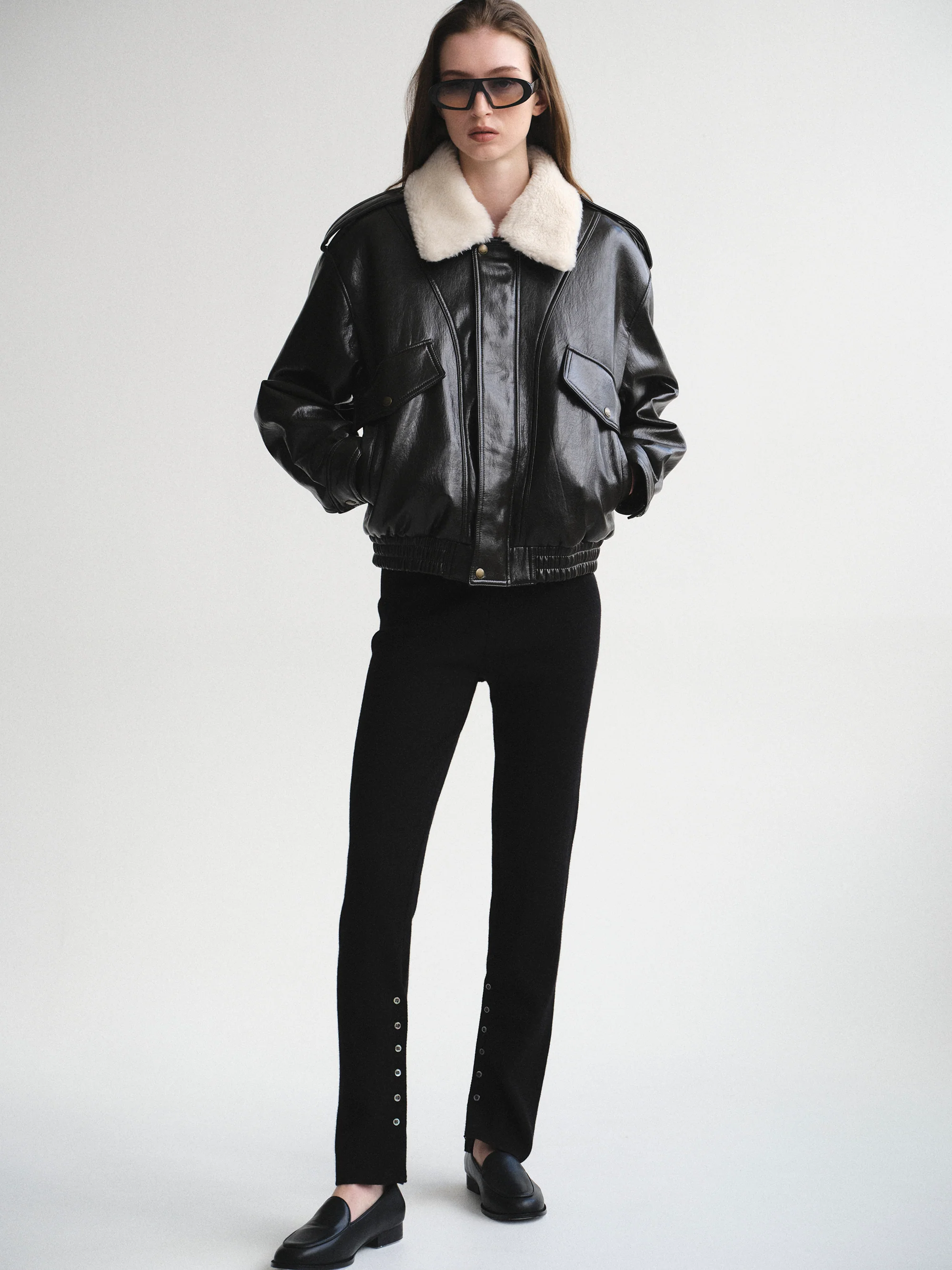 Shearling Collar Blouson Leather Jacket, Black - Image 4