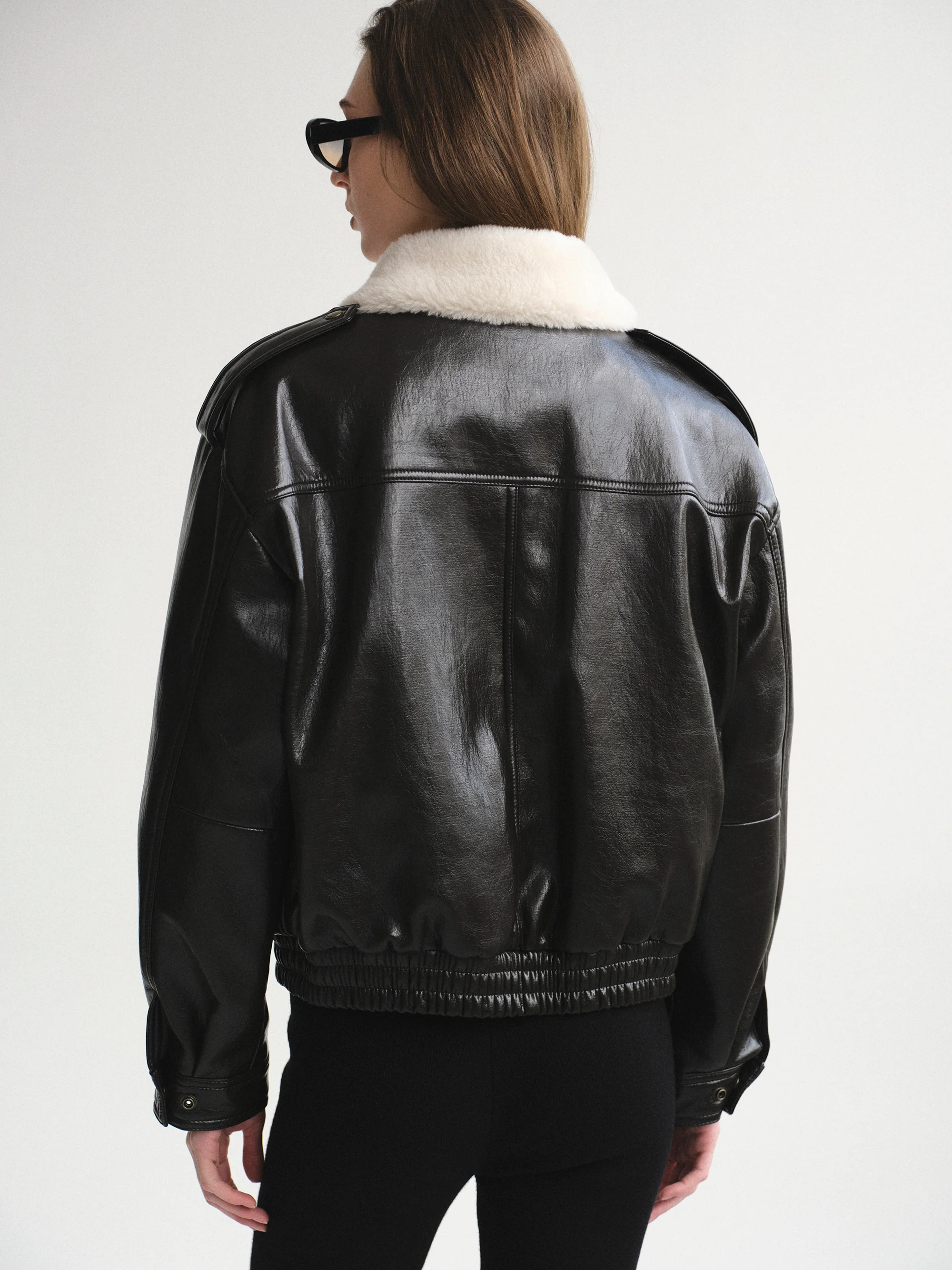 Shearling Collar Blouson Leather Jacket, Black - Image 5