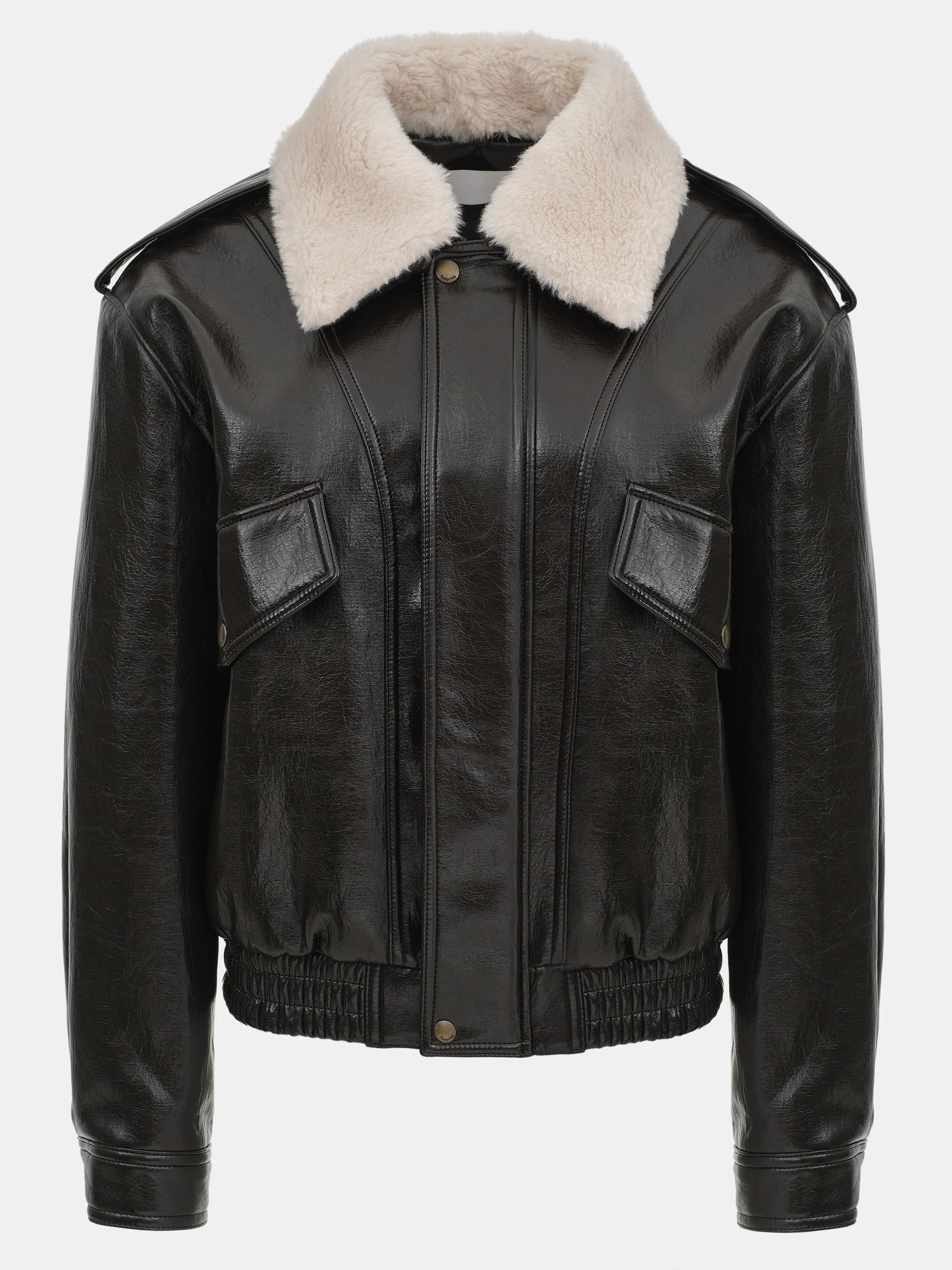 Shearling Collar Blouson Leather Jacket, Black - Image 6