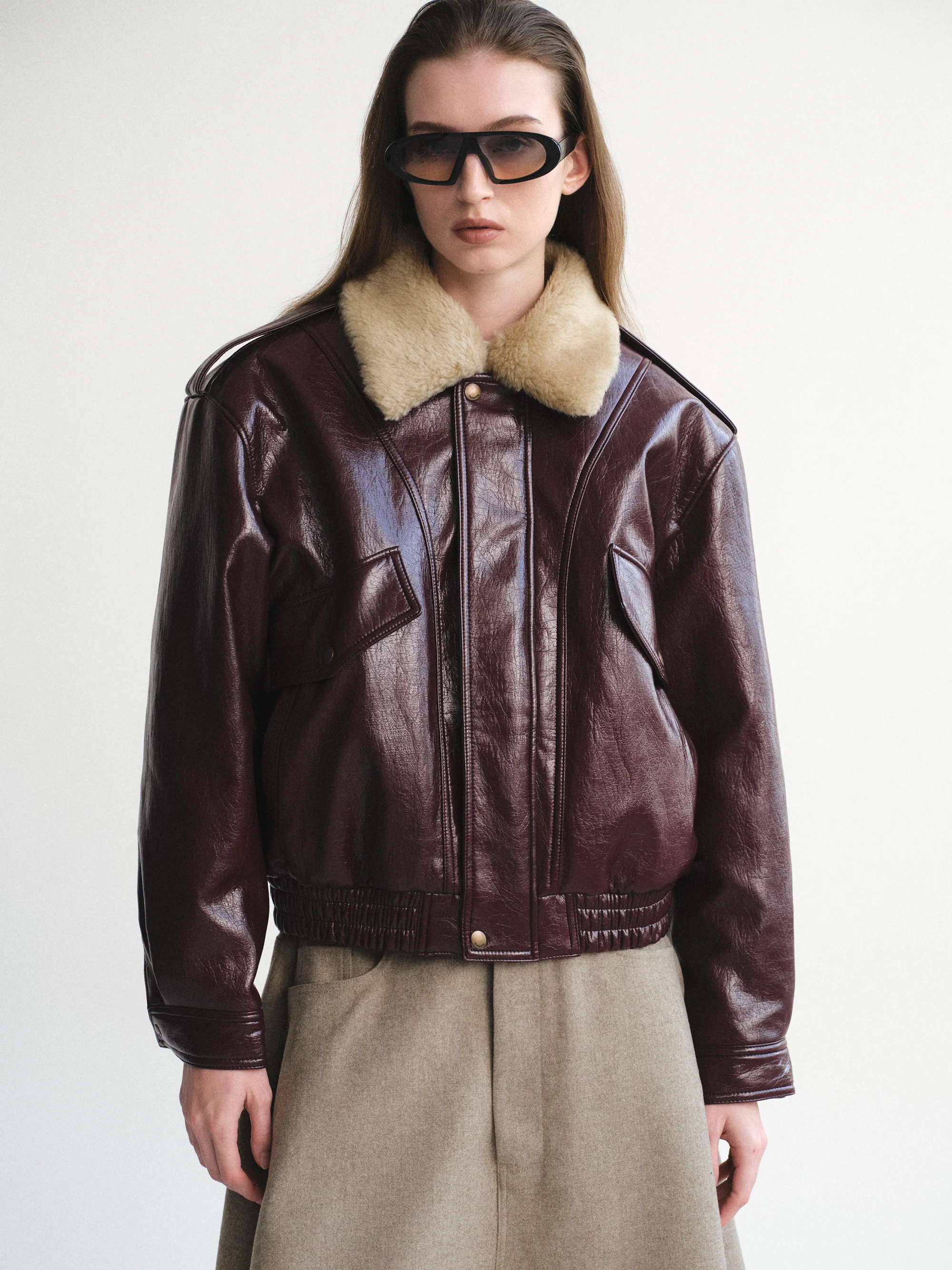 Shearling Collar Blouson Leather Jacket, Zinfandel - Image 2