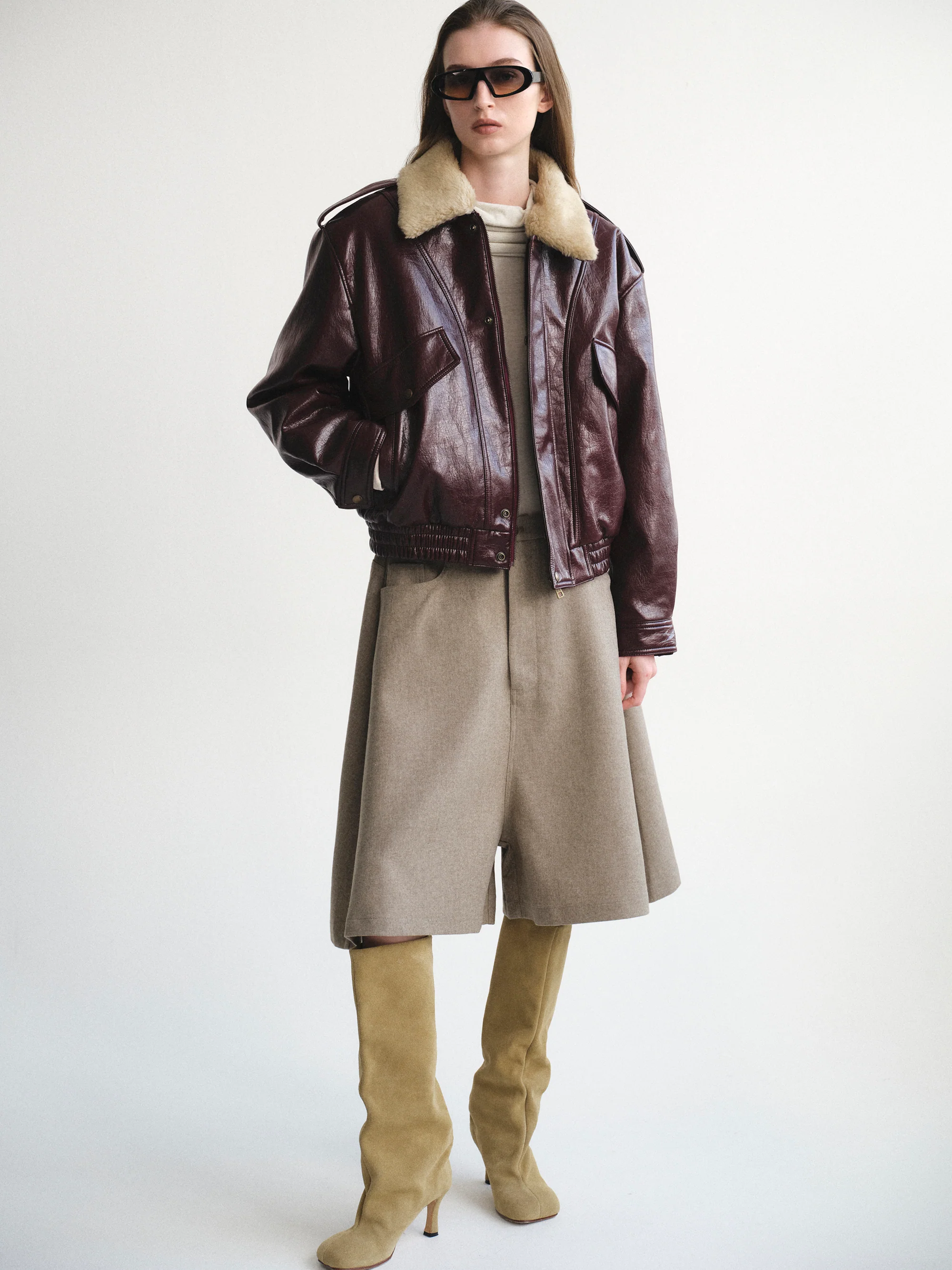 Shearling Collar Blouson Leather Jacket, Zinfandel - Image 3