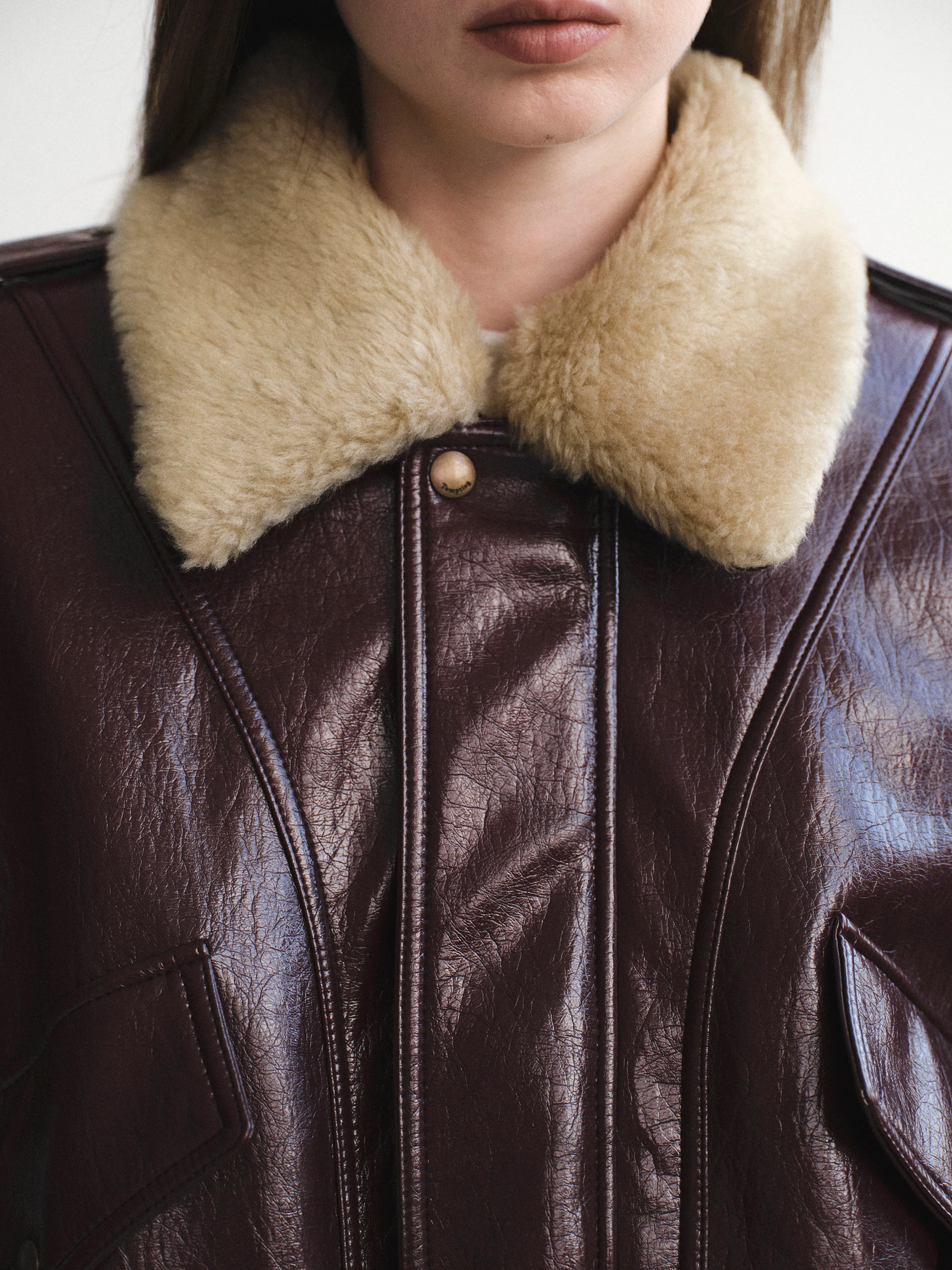 Shearling Collar Blouson Leather Jacket, Zinfandel - Image 4