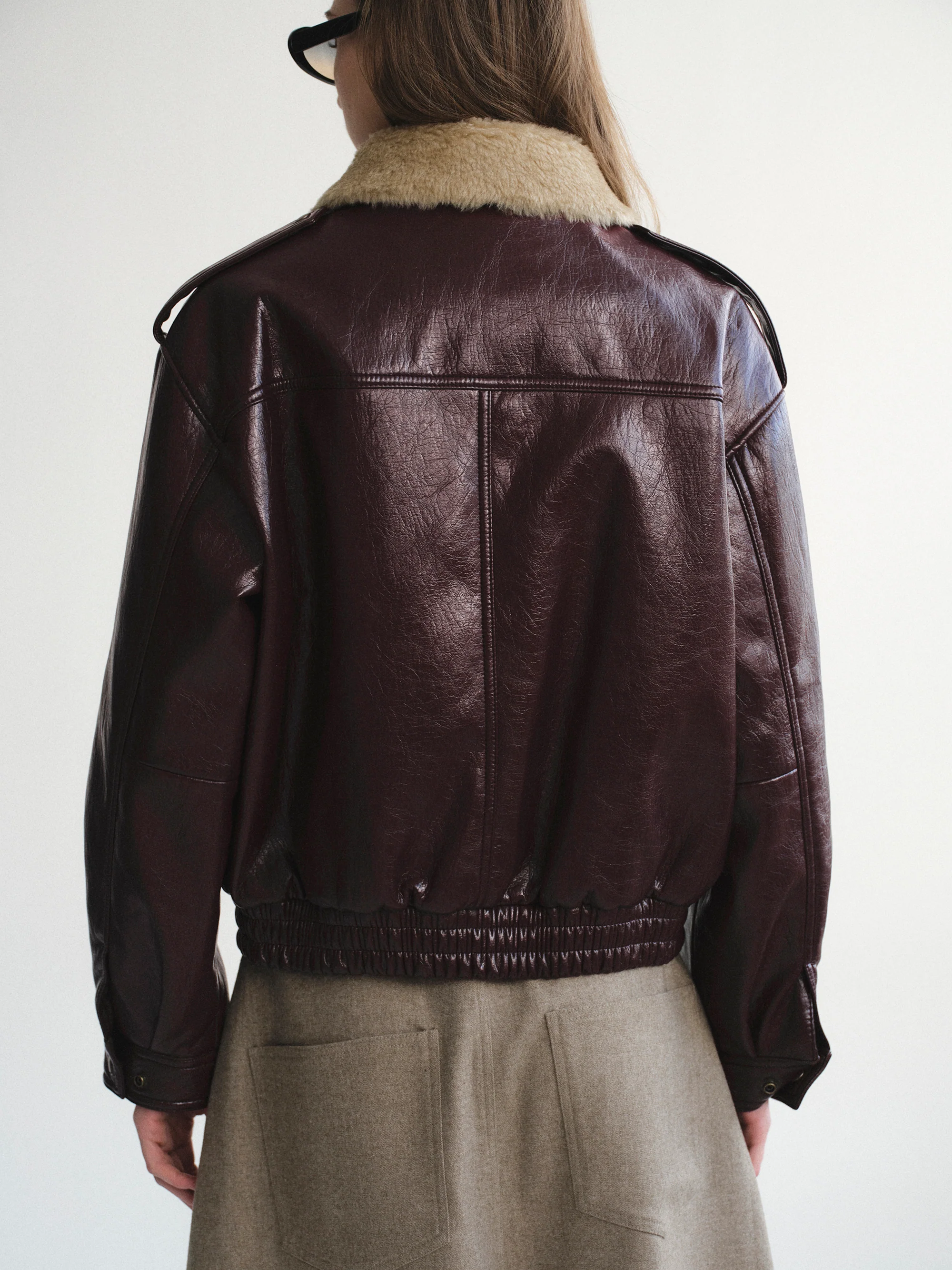 Shearling Collar Blouson Leather Jacket, Zinfandel - Image 5