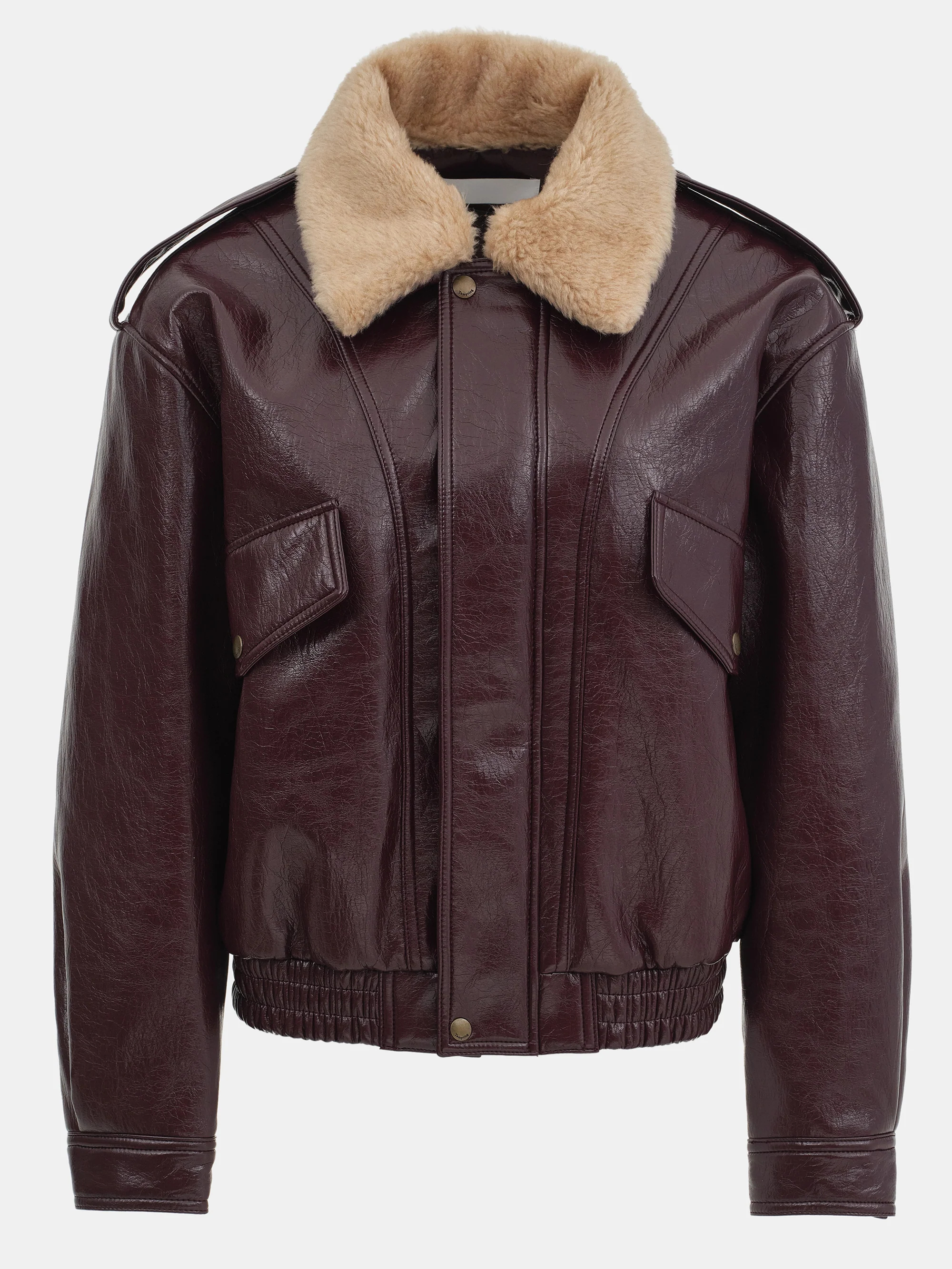 Shearling Collar Blouson Leather Jacket, Zinfandel - Image 7