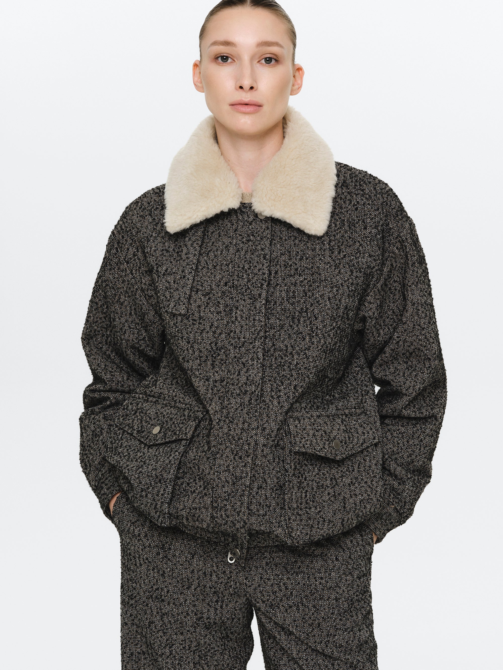 Shearling Collar Wool Bomber Jacket, Black