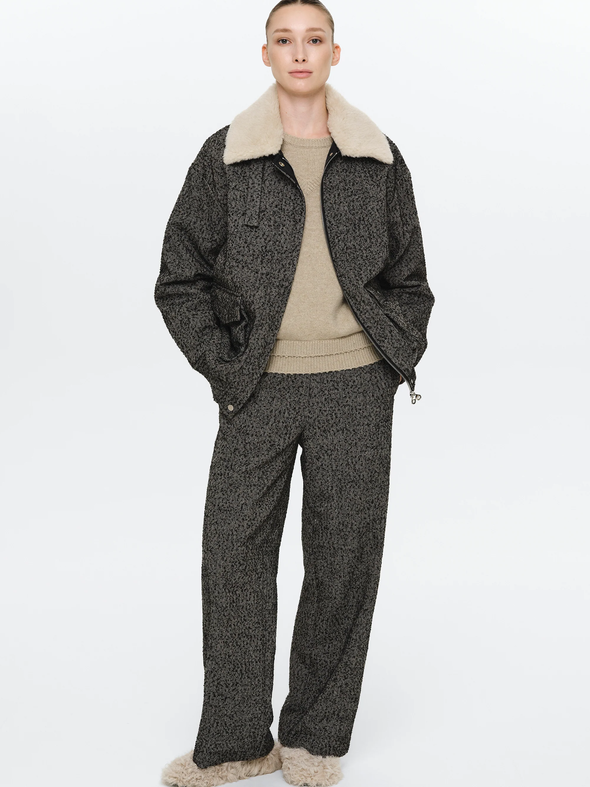 Shearling Collar Wool Bomber Jacket, Black - Image 2