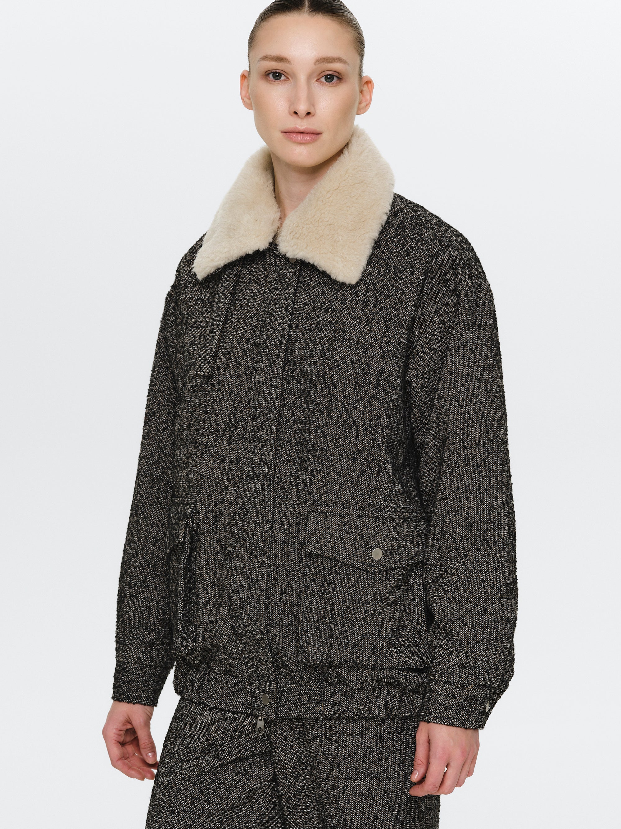 Shearling Collar Wool Bomber Jacket, Black - Image 3