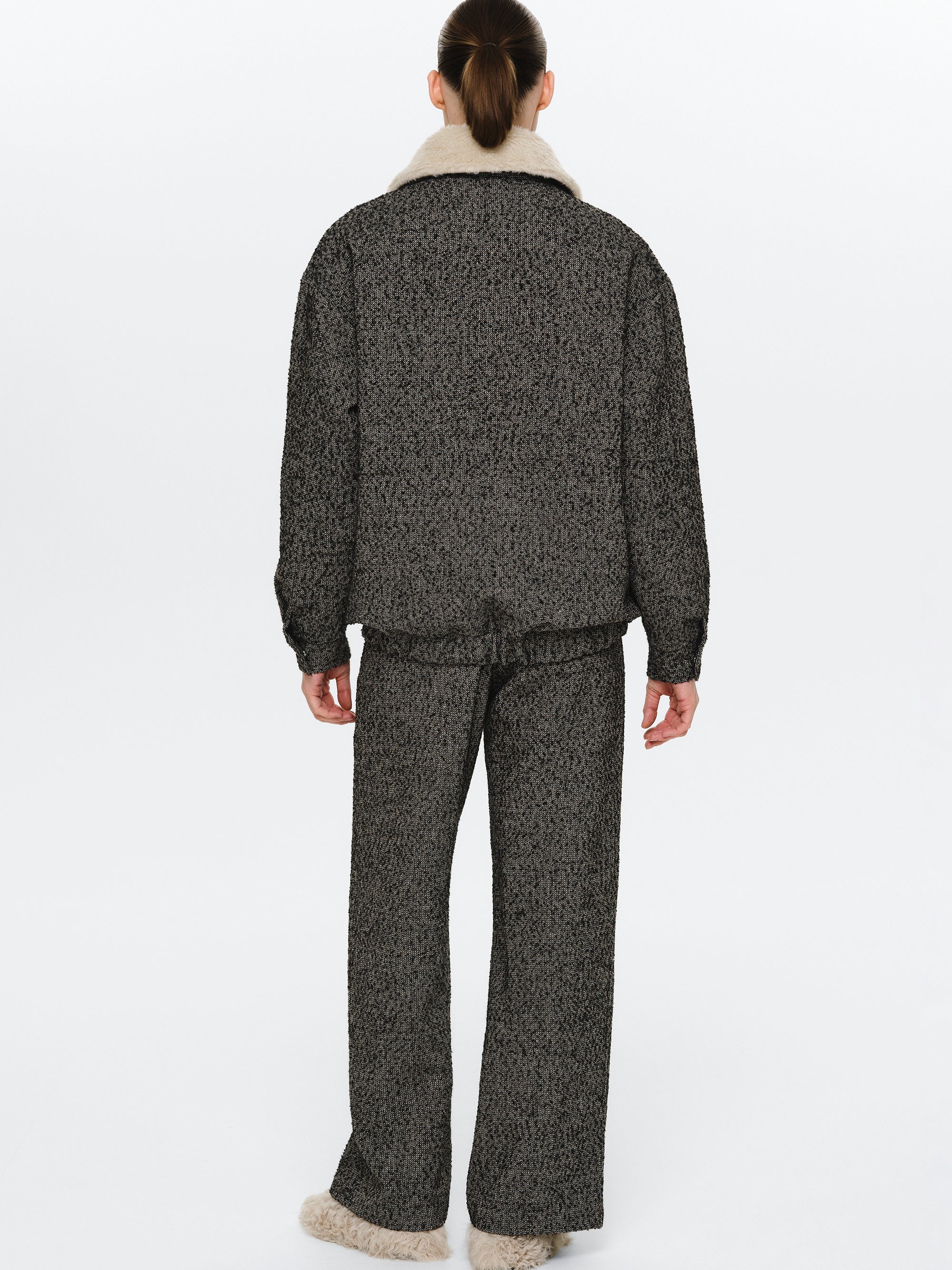 Shearling Collar Wool Bomber Jacket, Black - Image 4