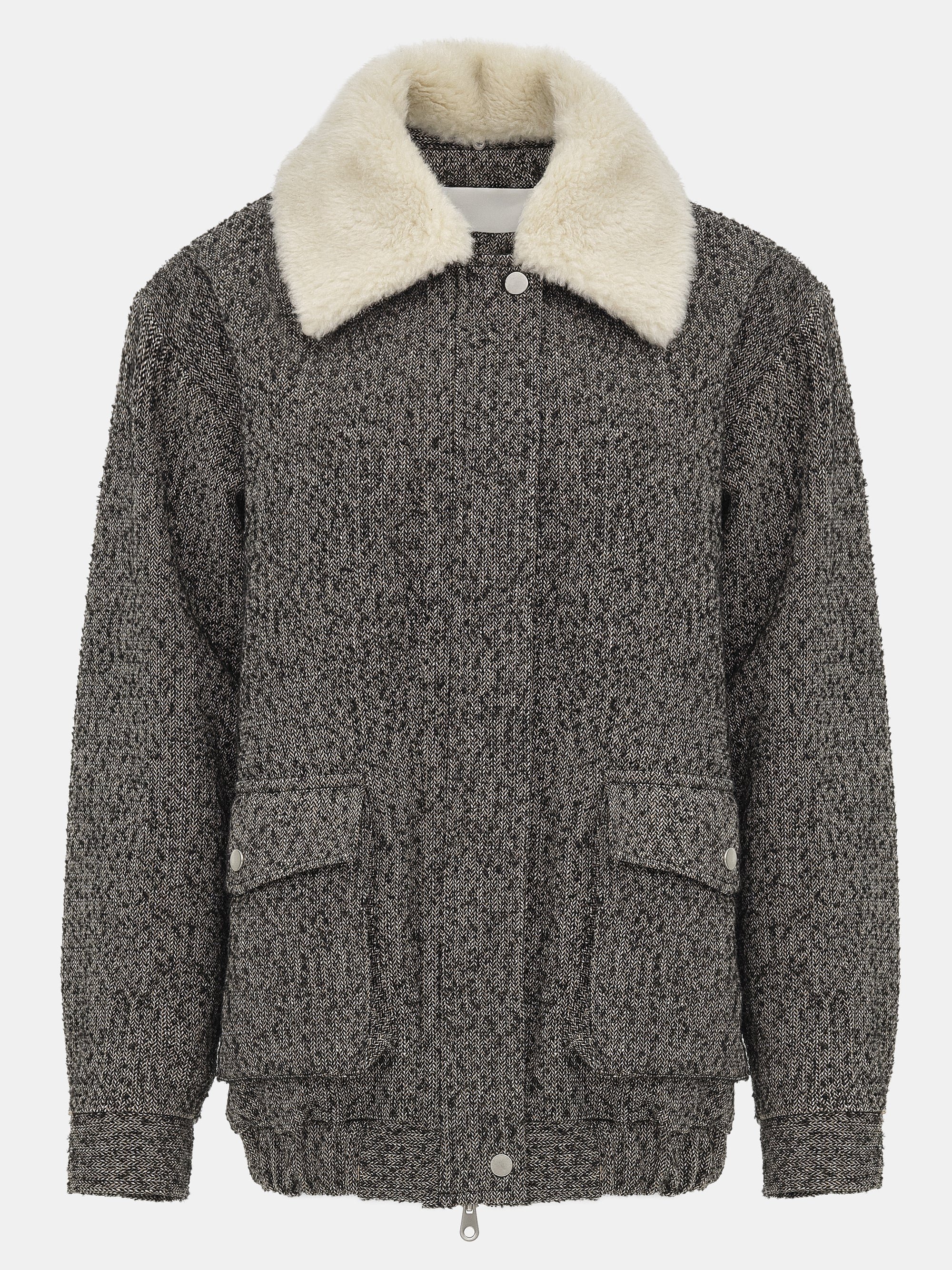 Shearling Collar Wool Bomber Jacket, Black - Image 5