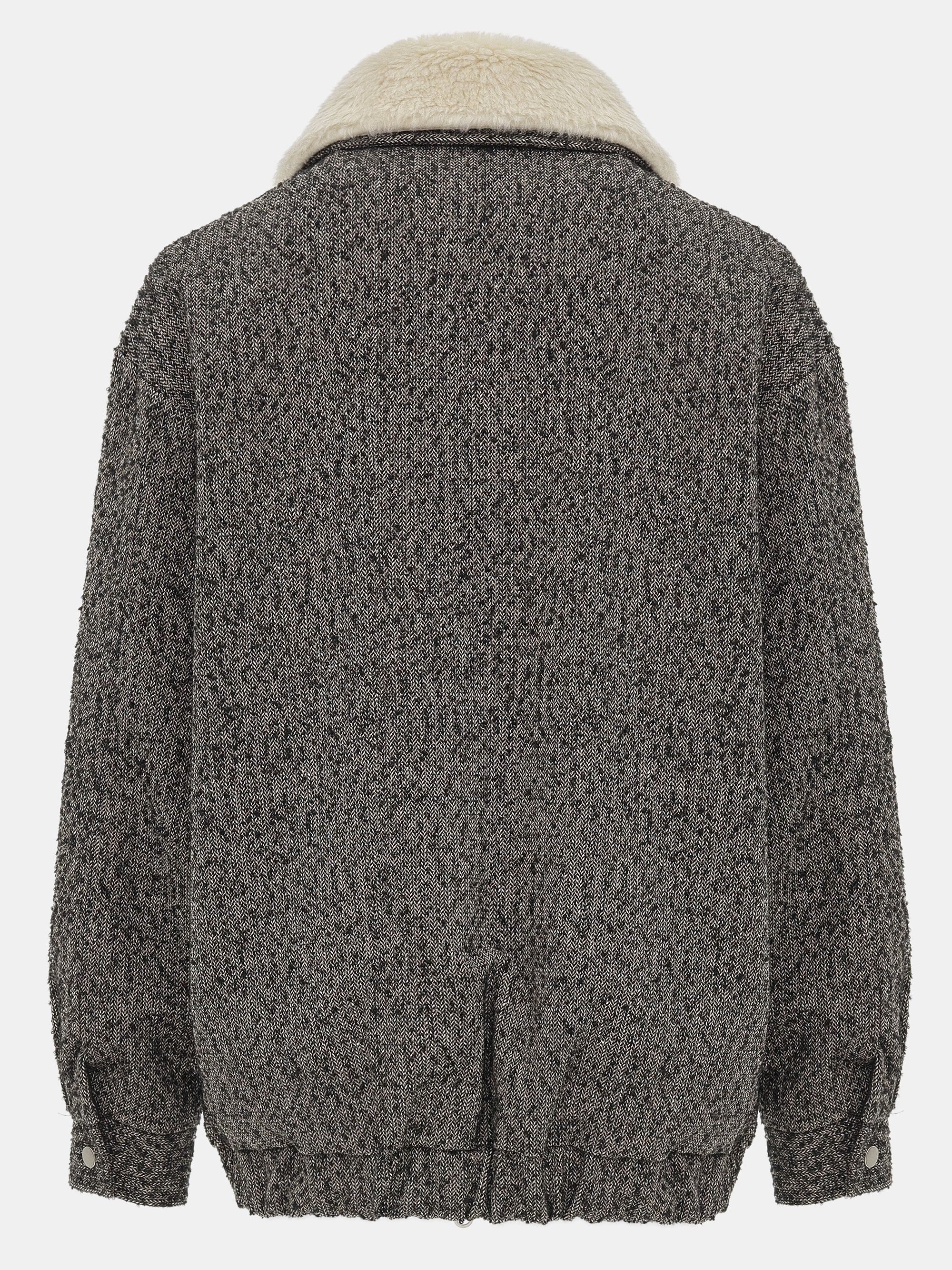 Shearling Collar Wool Bomber Jacket, Black - Image 6