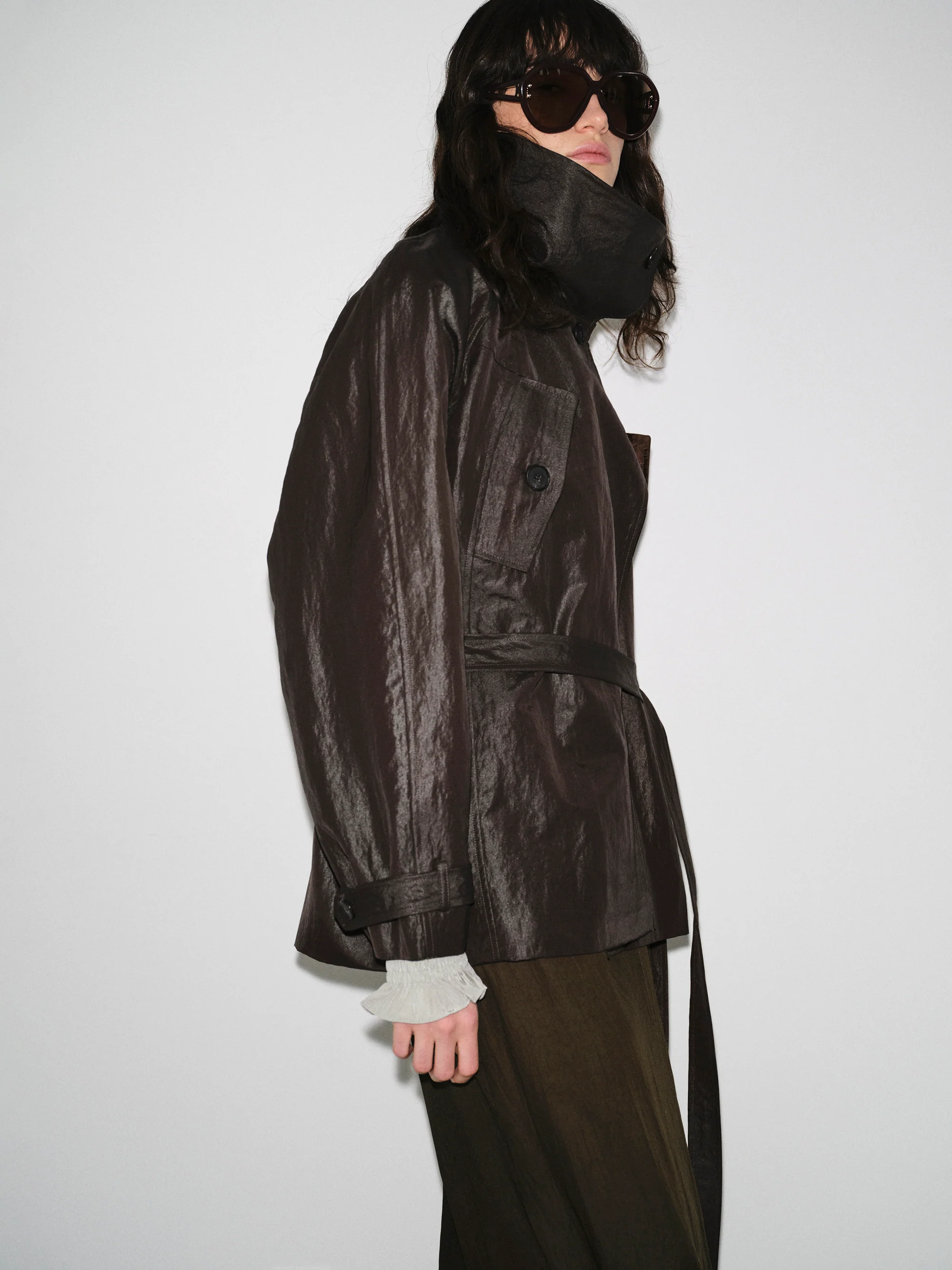 Sheen Taffeta Short Jacket, Brown - Image 2