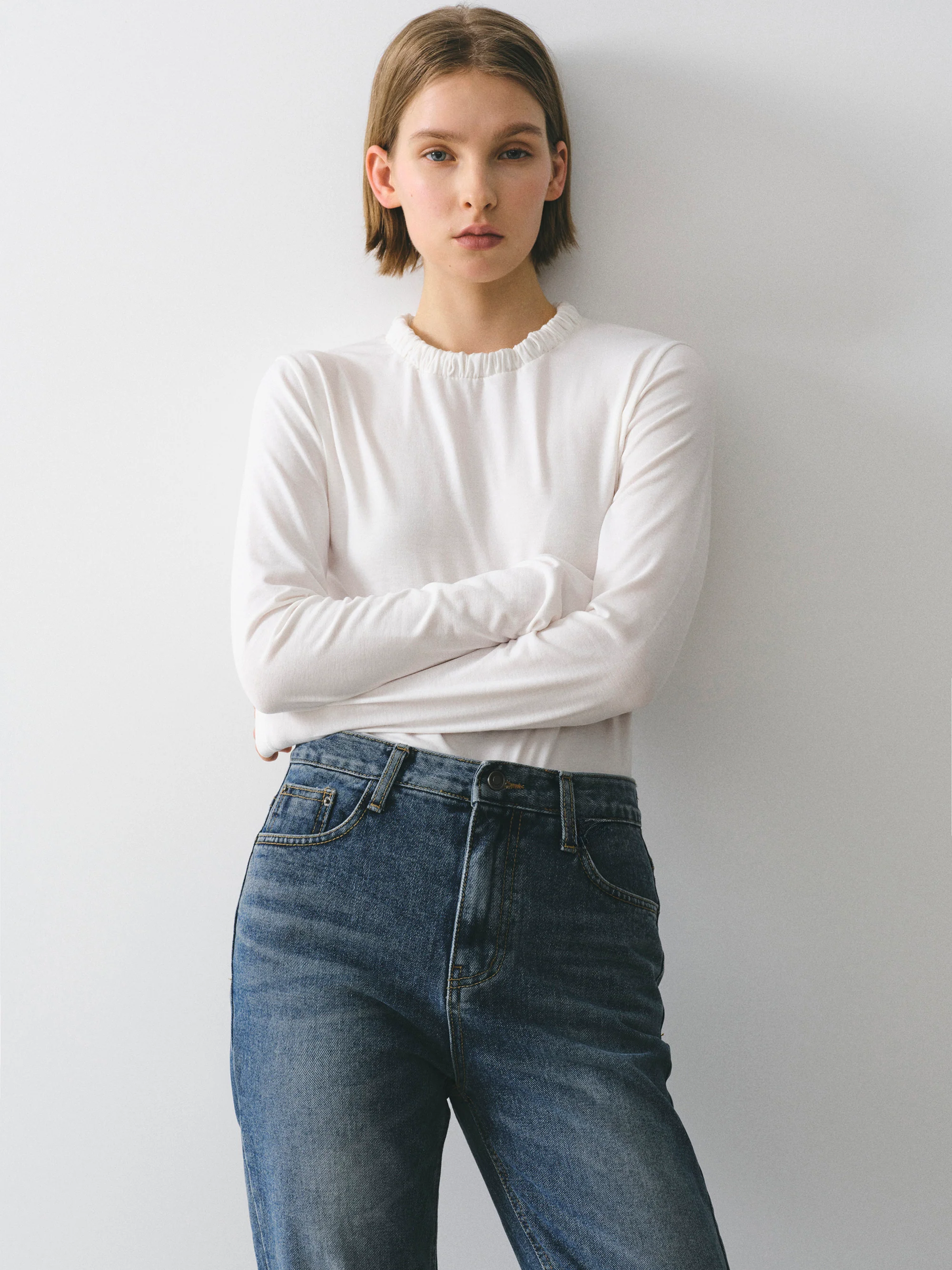 Shirred Neck Jersey Top, Ivory