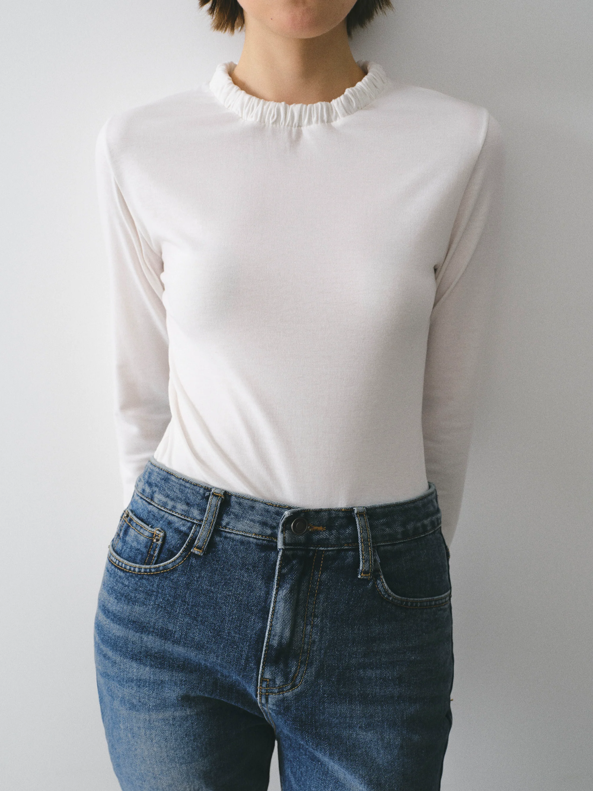 Shirred Neck Jersey Top, Ivory - Image 2