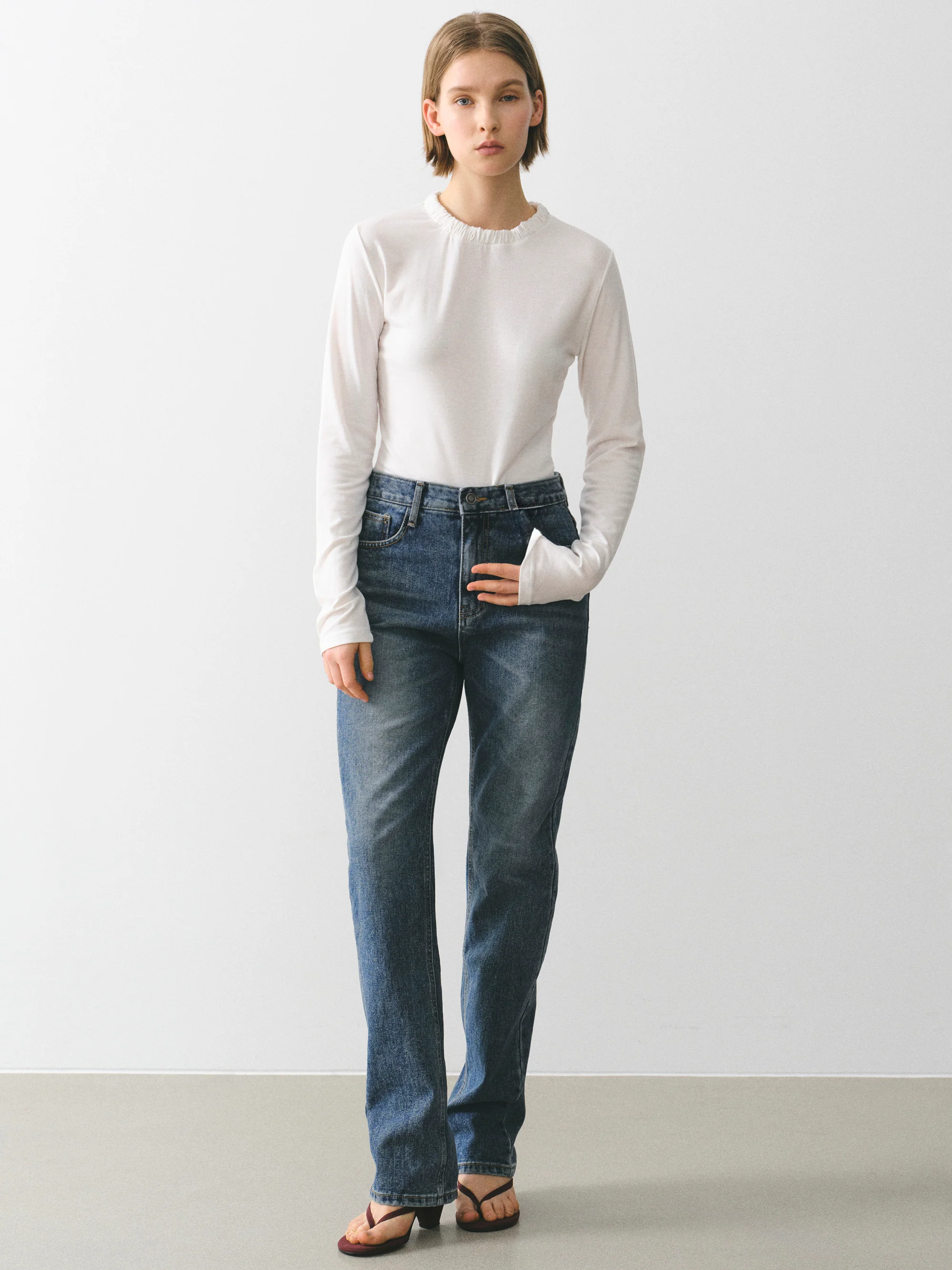 Shirred Neck Jersey Top, Ivory - Image 3