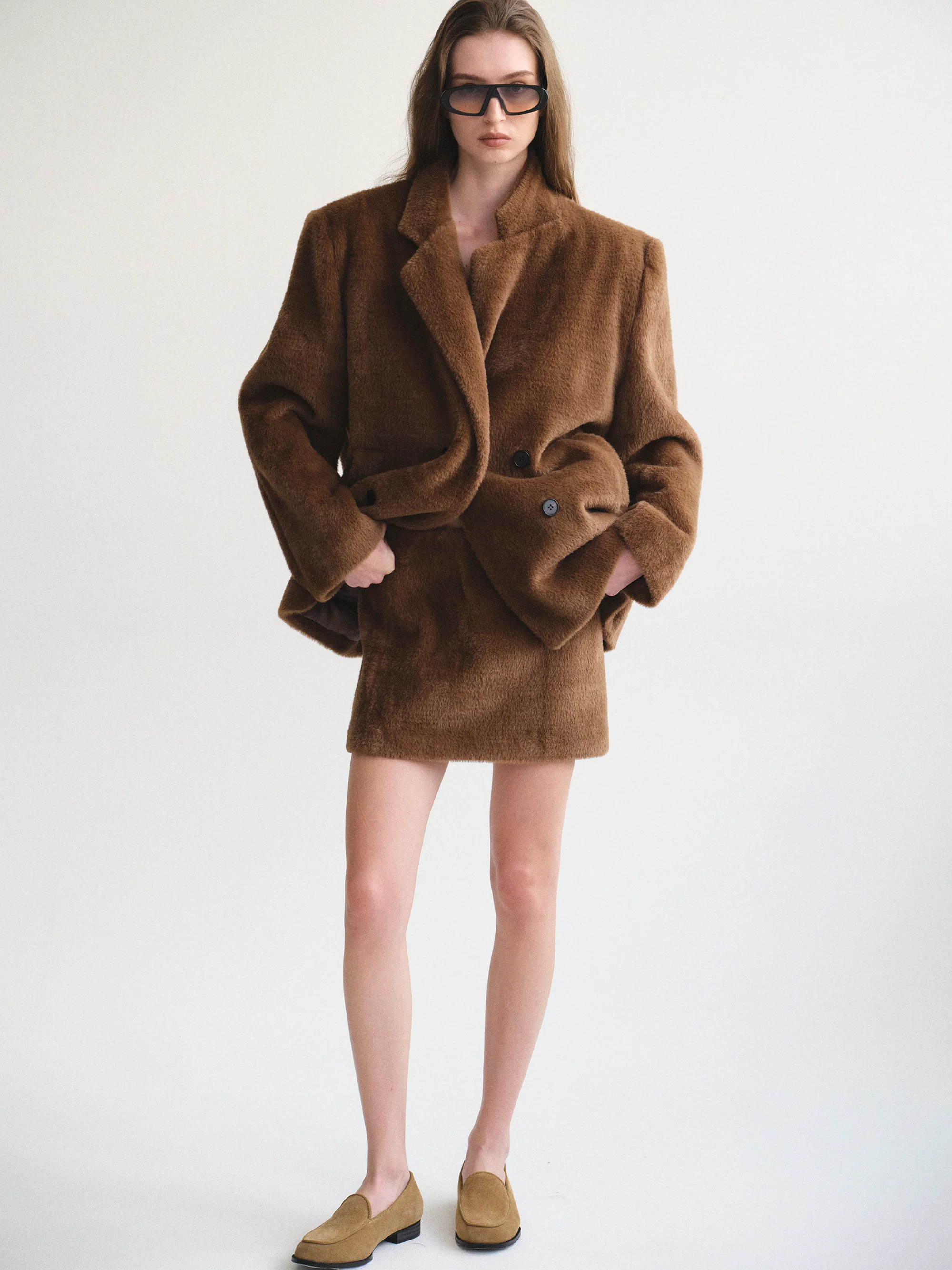 Short Pile Miniskirt, Brown