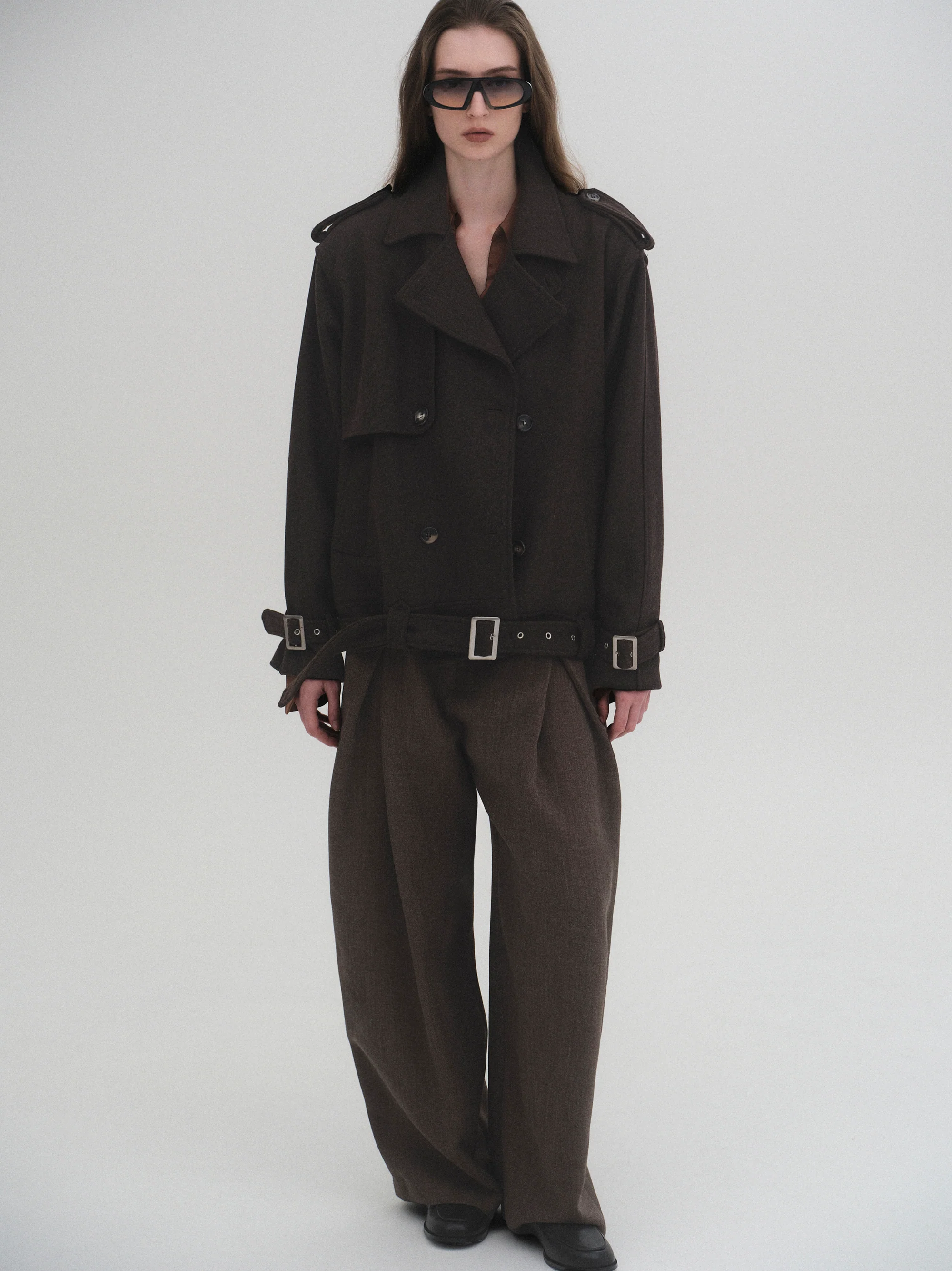 Short Trench Wool Coat, Brown