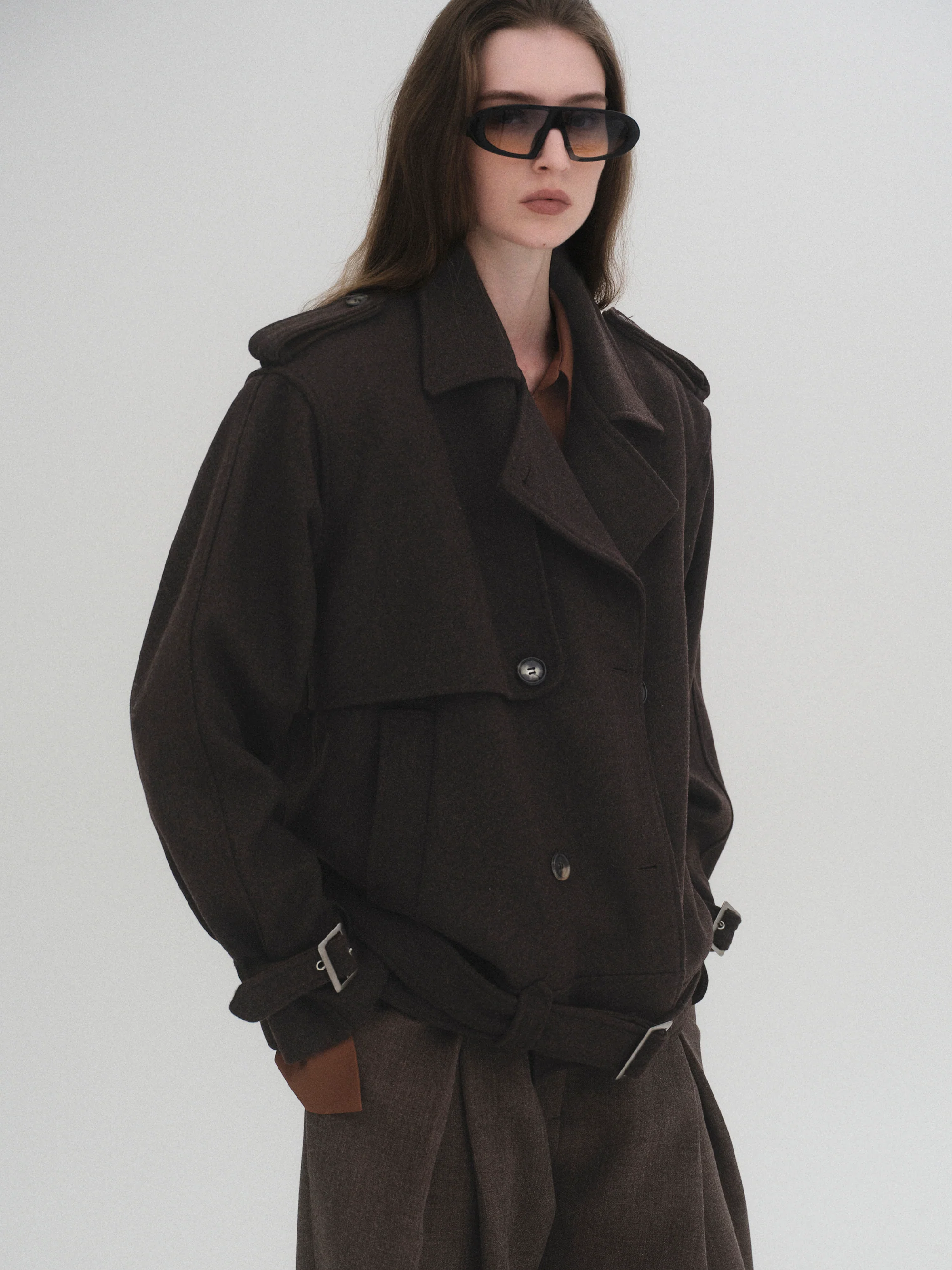 Short Trench Wool Coat, Brown - Image 3