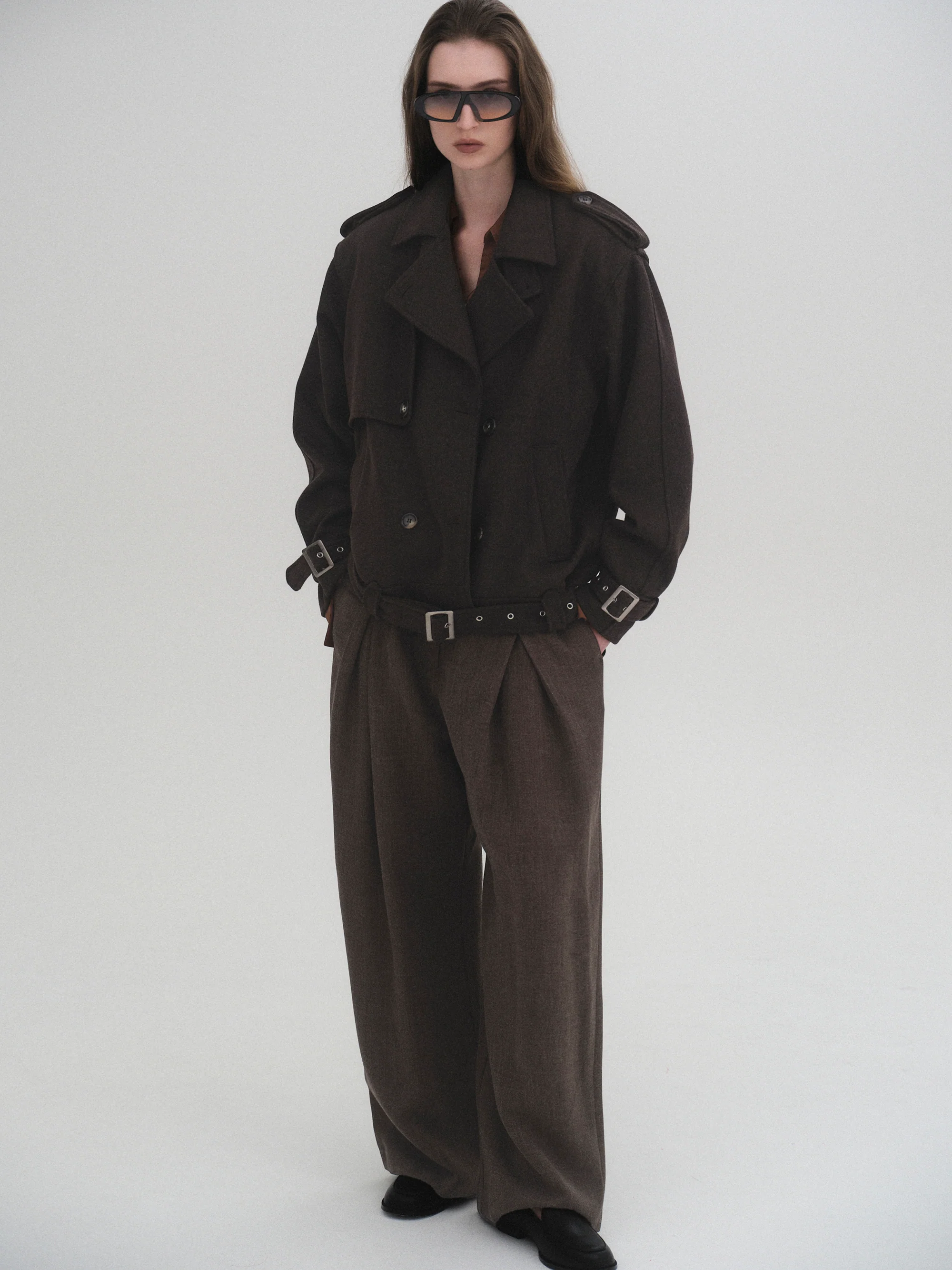 Short Trench Wool Coat, Brown - Image 4