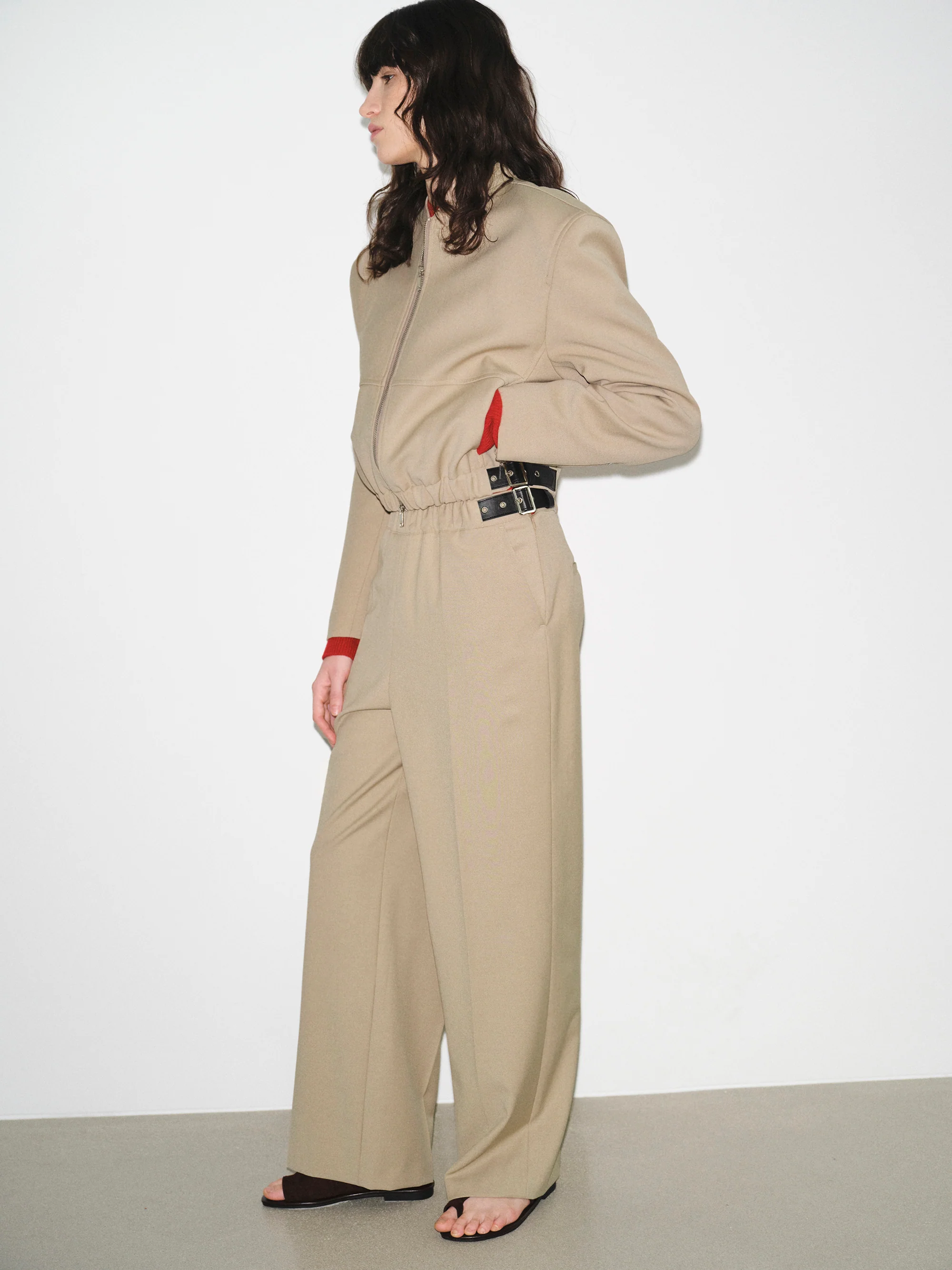 Side-Buckle Creased Trousers, Beige