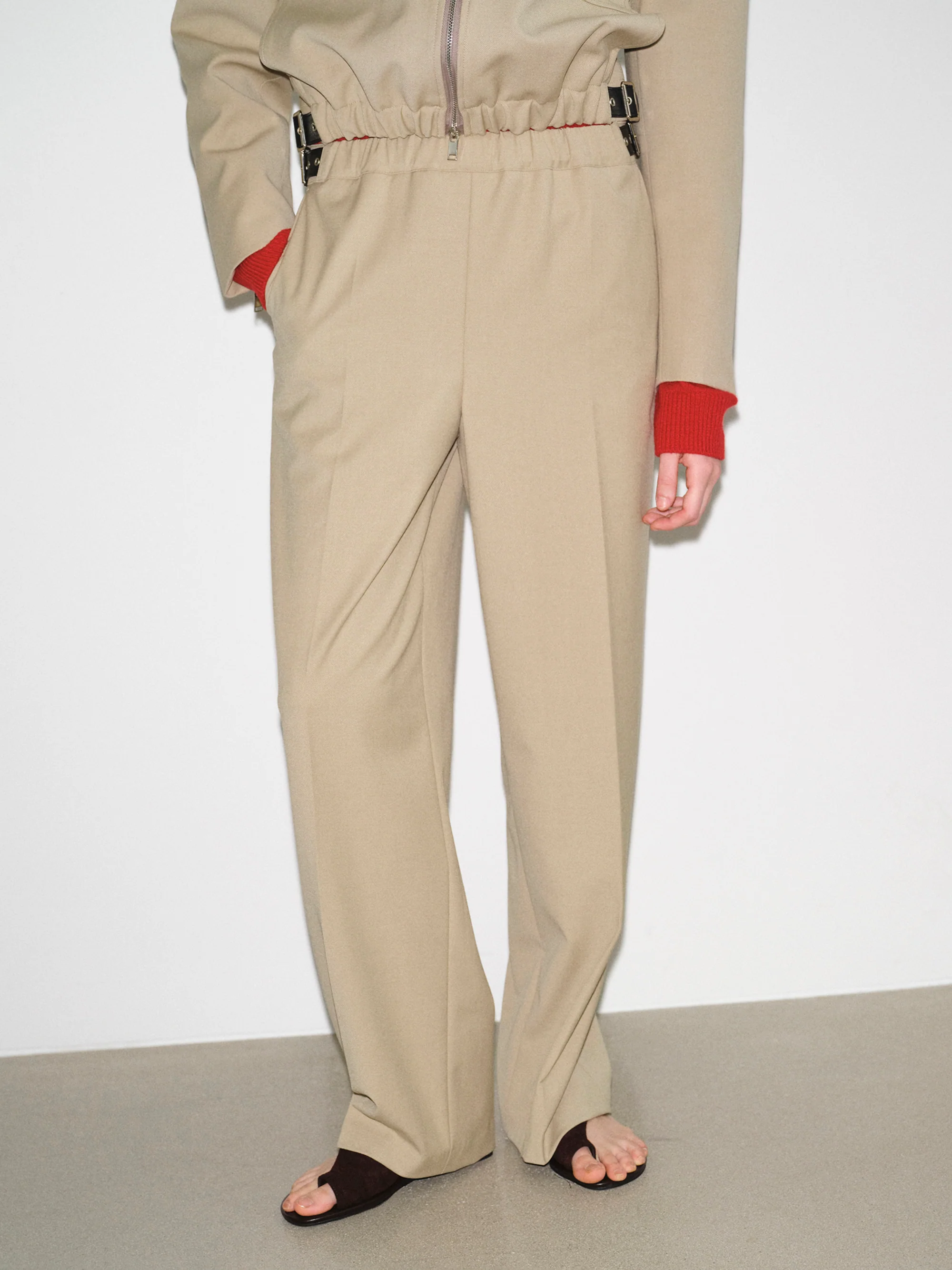 Side-Buckle Creased Trousers, Beige - Image 2