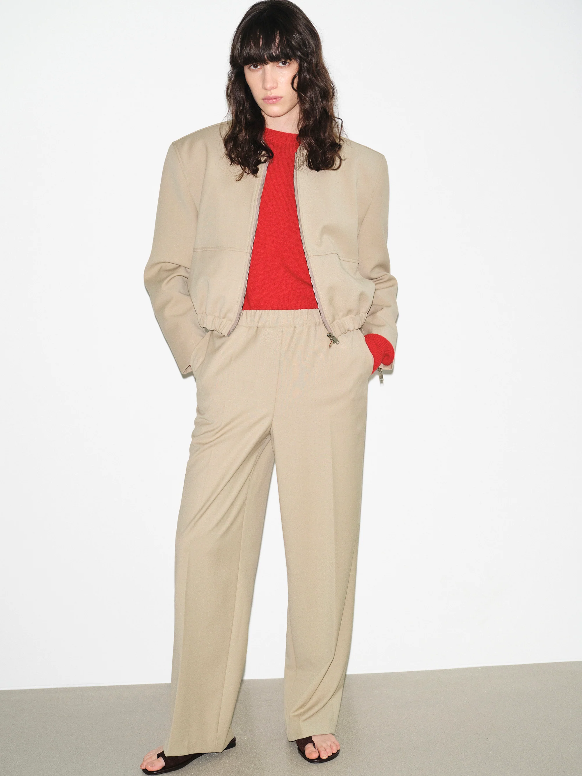 Side-Buckle Creased Trousers, Beige - Image 3