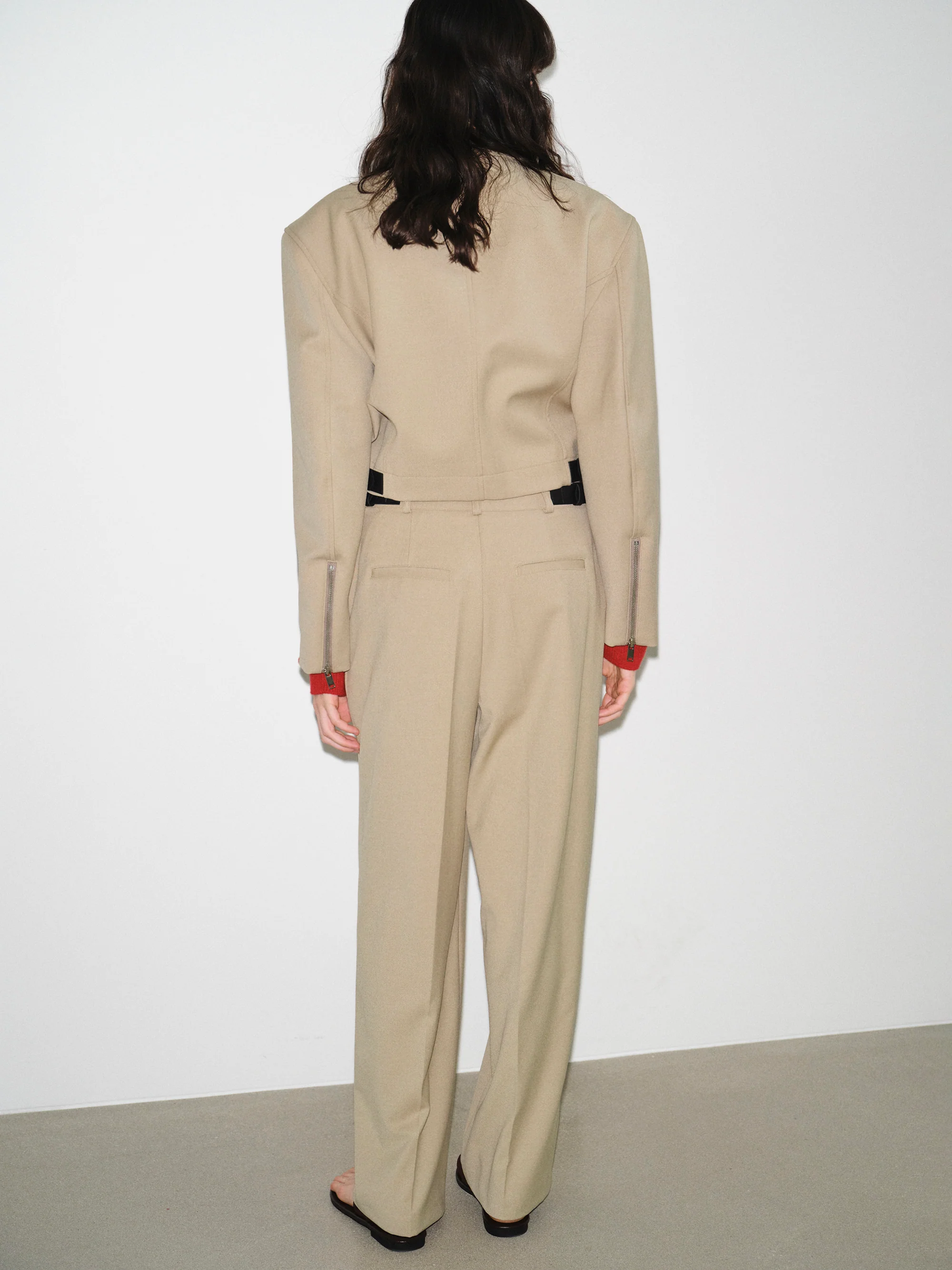 Side-Buckle Creased Trousers, Beige - Image 4