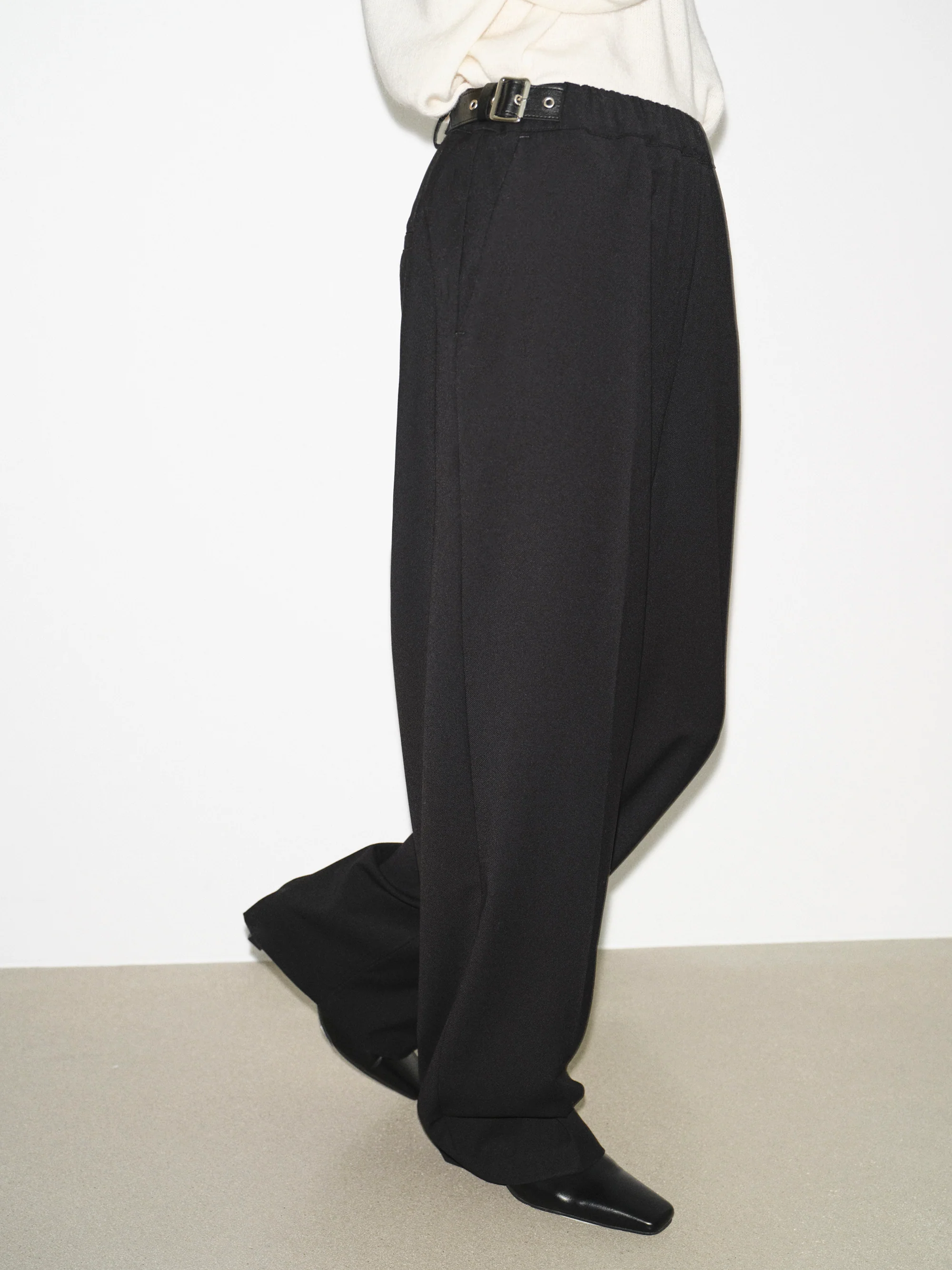 Side-Buckle Creased Trousers, Black