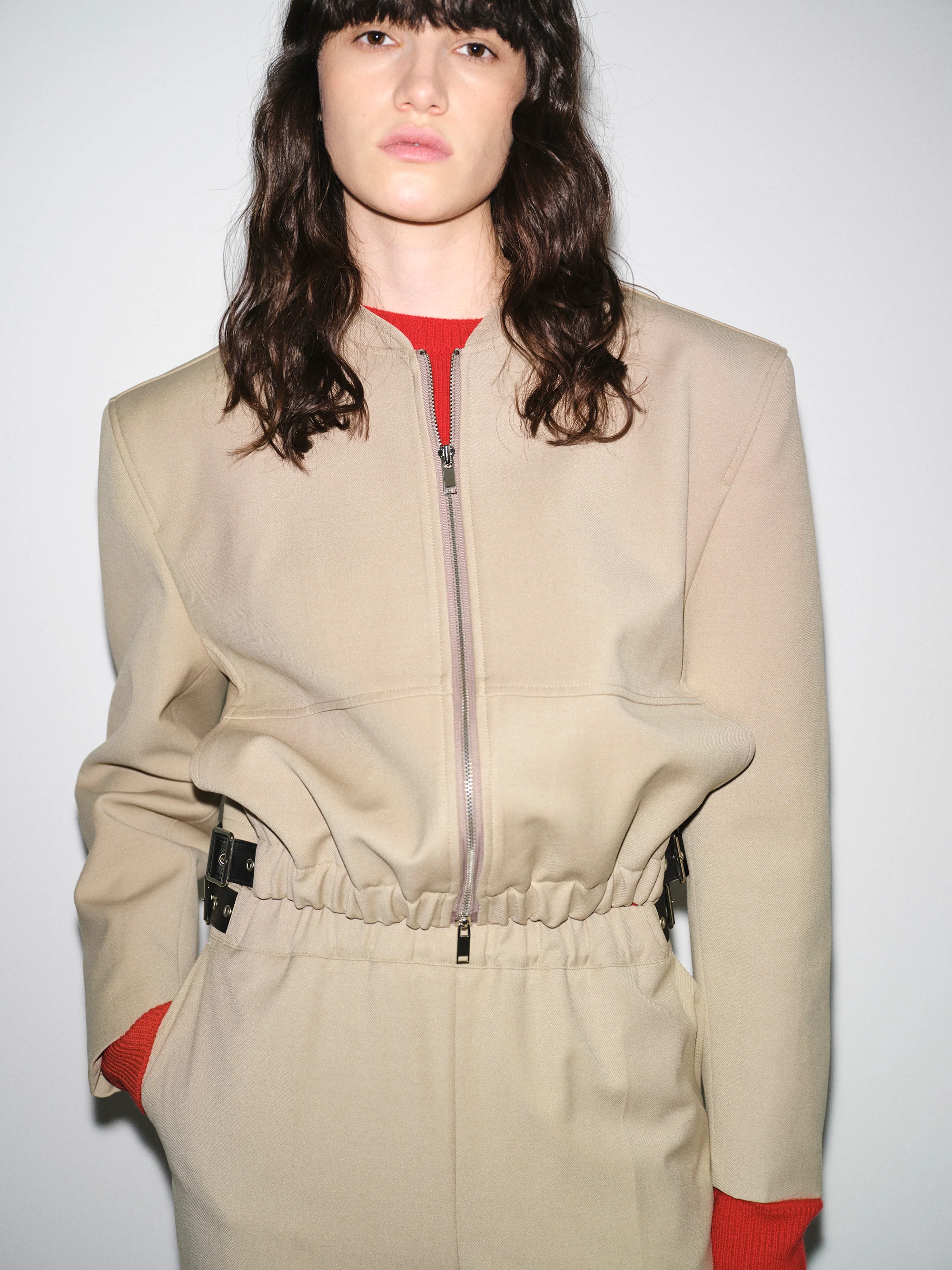 Side-Buckle Cropped Blouson, Beige