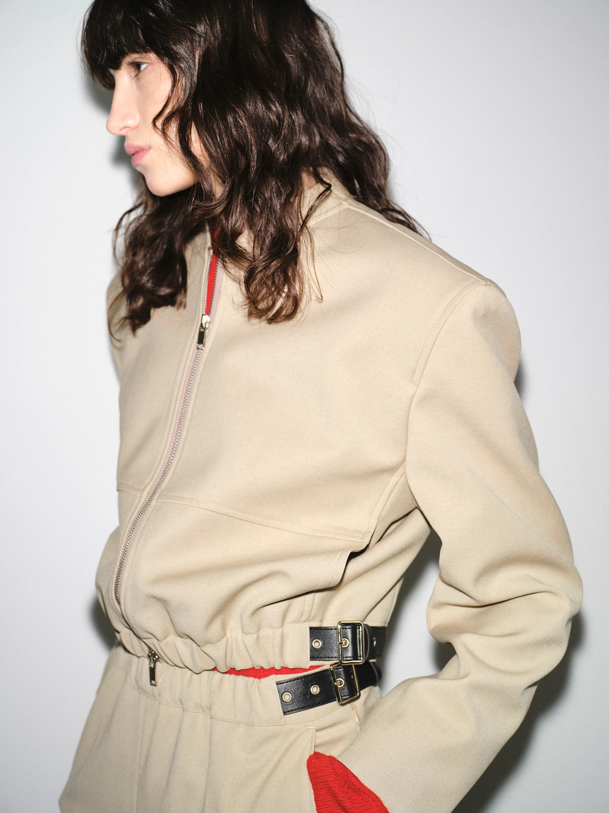 Side-Buckle Cropped Blouson, Beige - Image 2