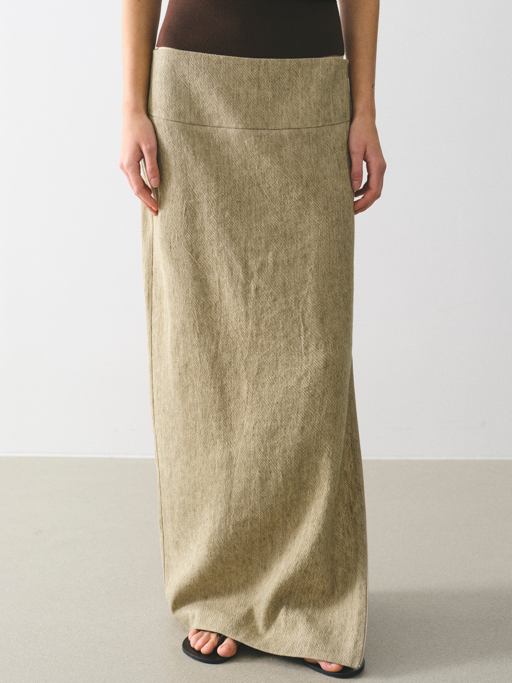 Side-Slit Linen-Blend Skirt, Beige