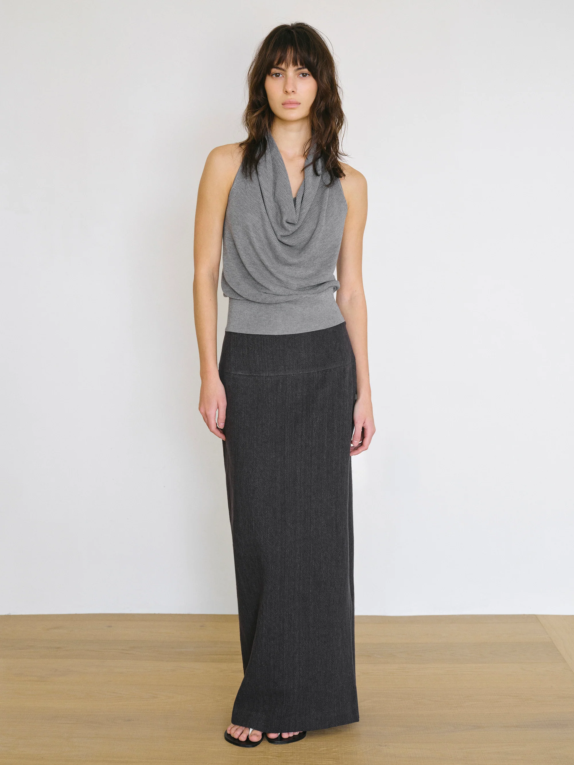 Side-Slit Linen-Blend Skirt, Charcoal - Image 3