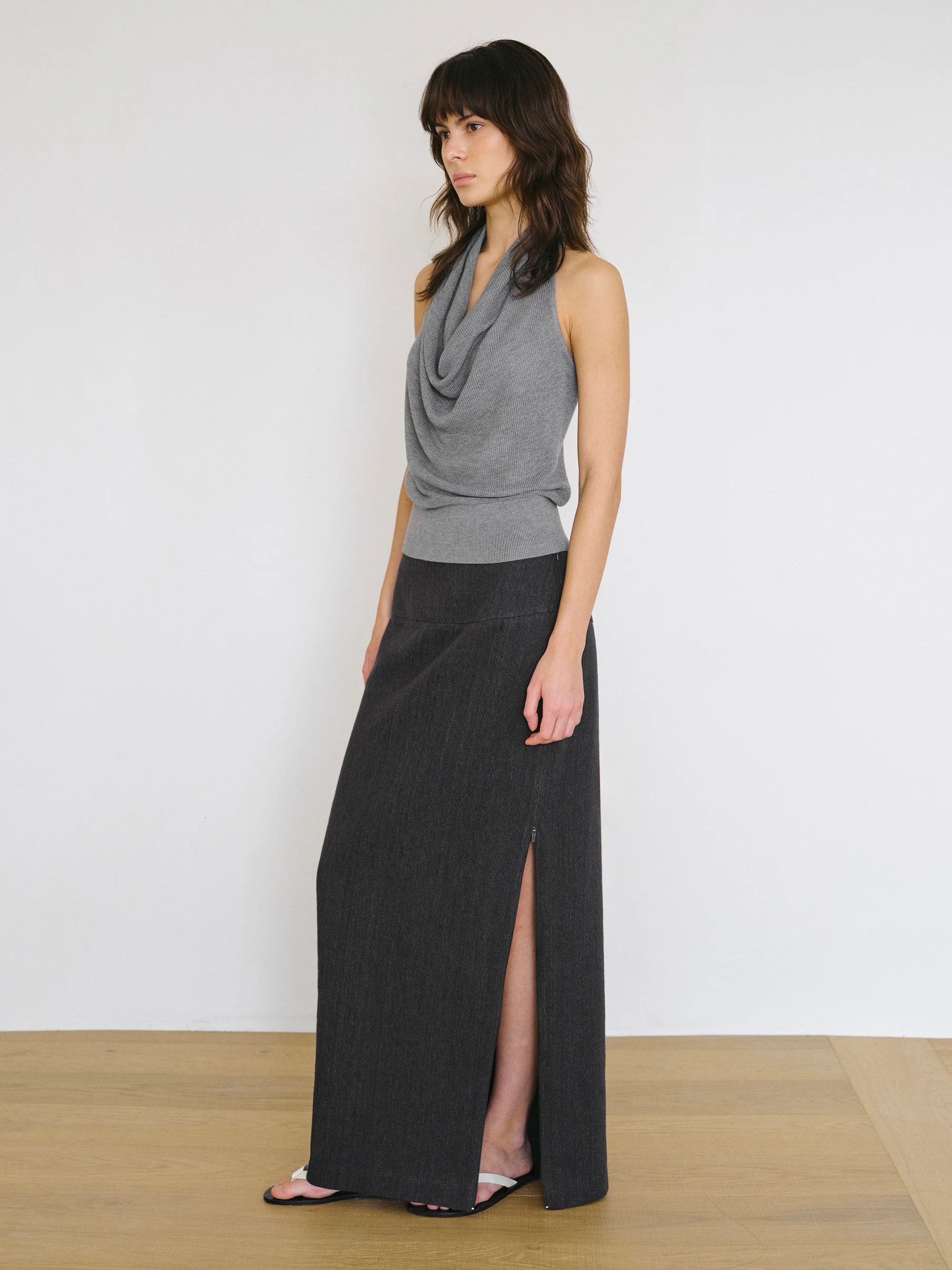 Side-Slit Linen-Blend Skirt, Charcoal - Image 5