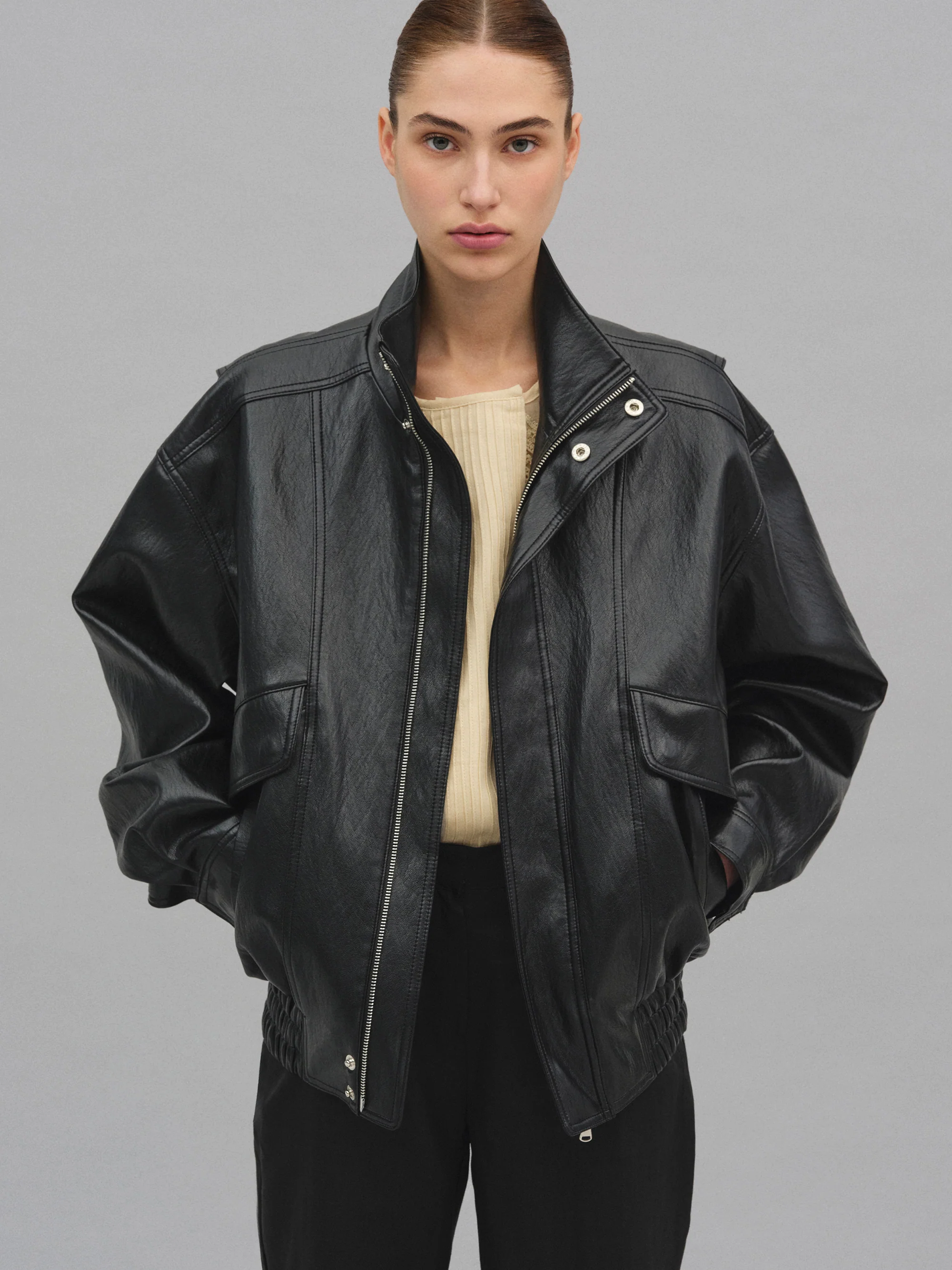 Silva Faux Leather Bomber Jacket, Black