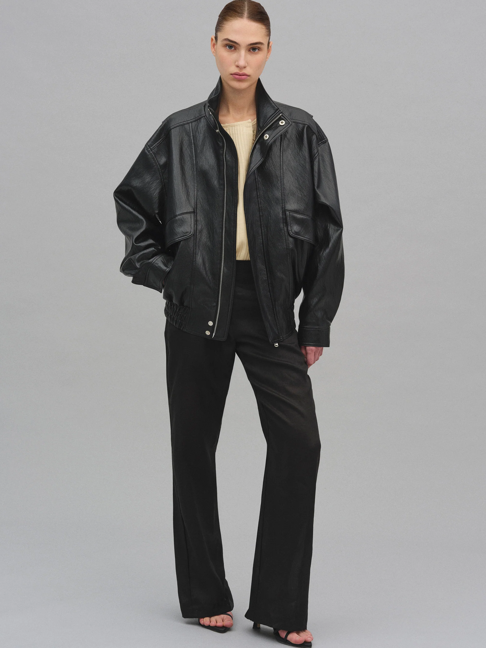 Silva Faux Leather Bomber Jacket, Black - Image 2