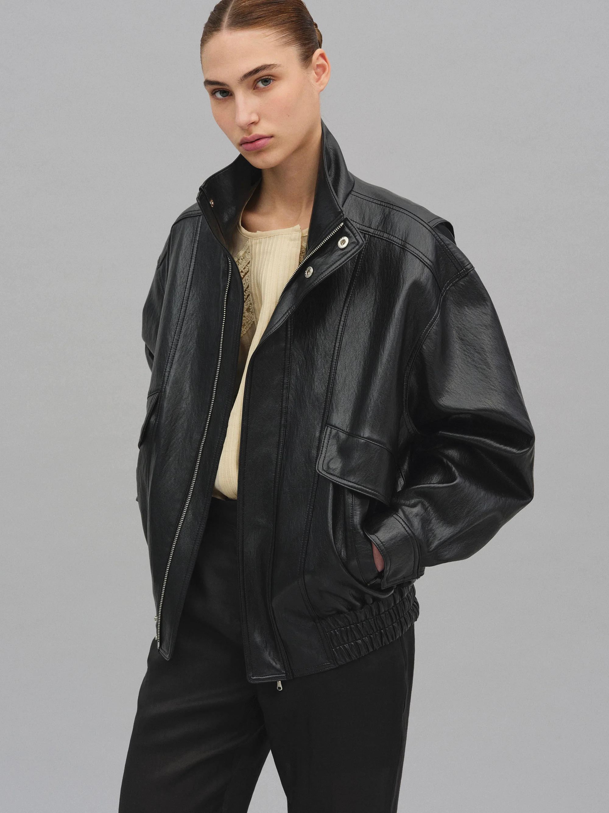 Silva Faux Leather Bomber Jacket, Black - Image 4