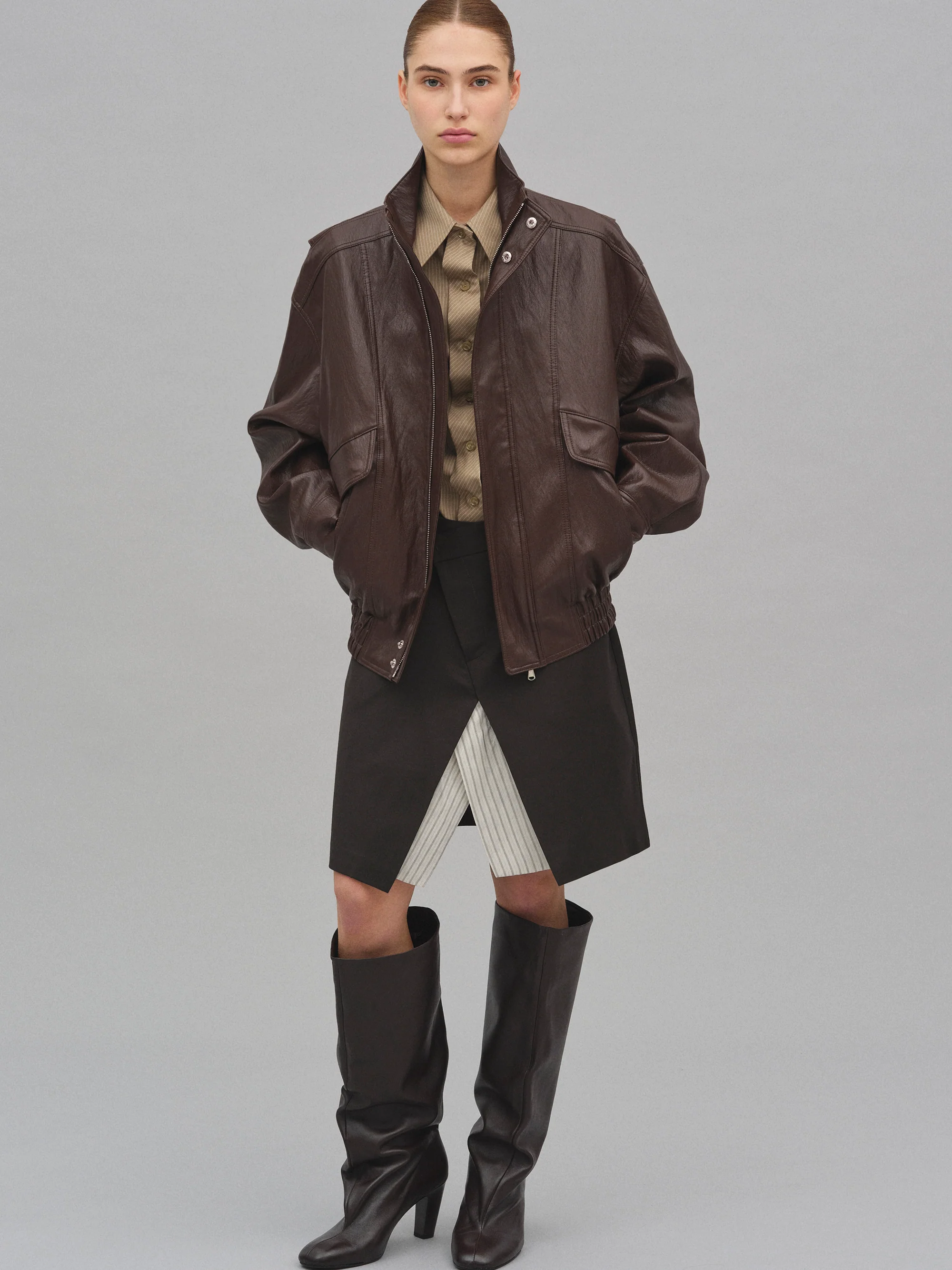 Silva Faux Leather Bomber Jacket, Brown - Image 3