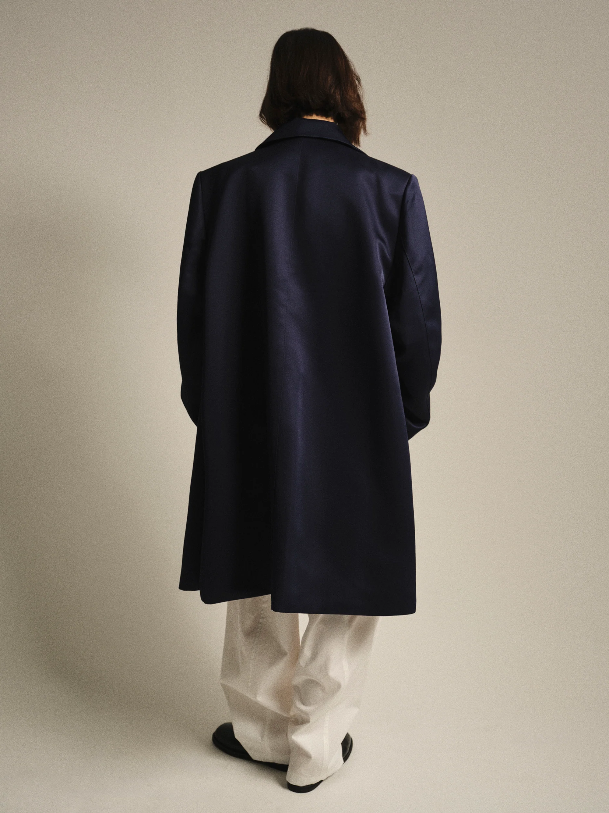 Single-Breasted Satin Coat, Navy - Image 2