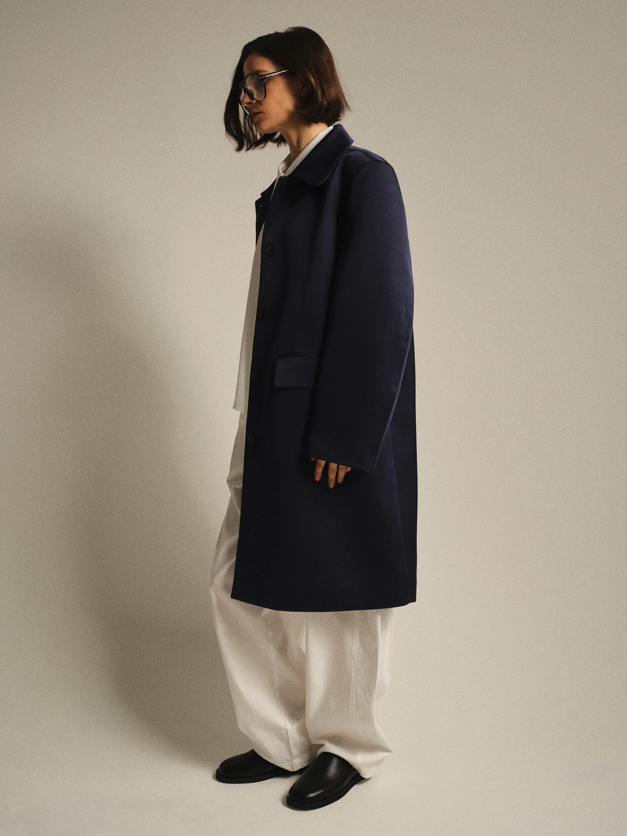 Single-Breasted Satin Coat, Navy - Image 3
